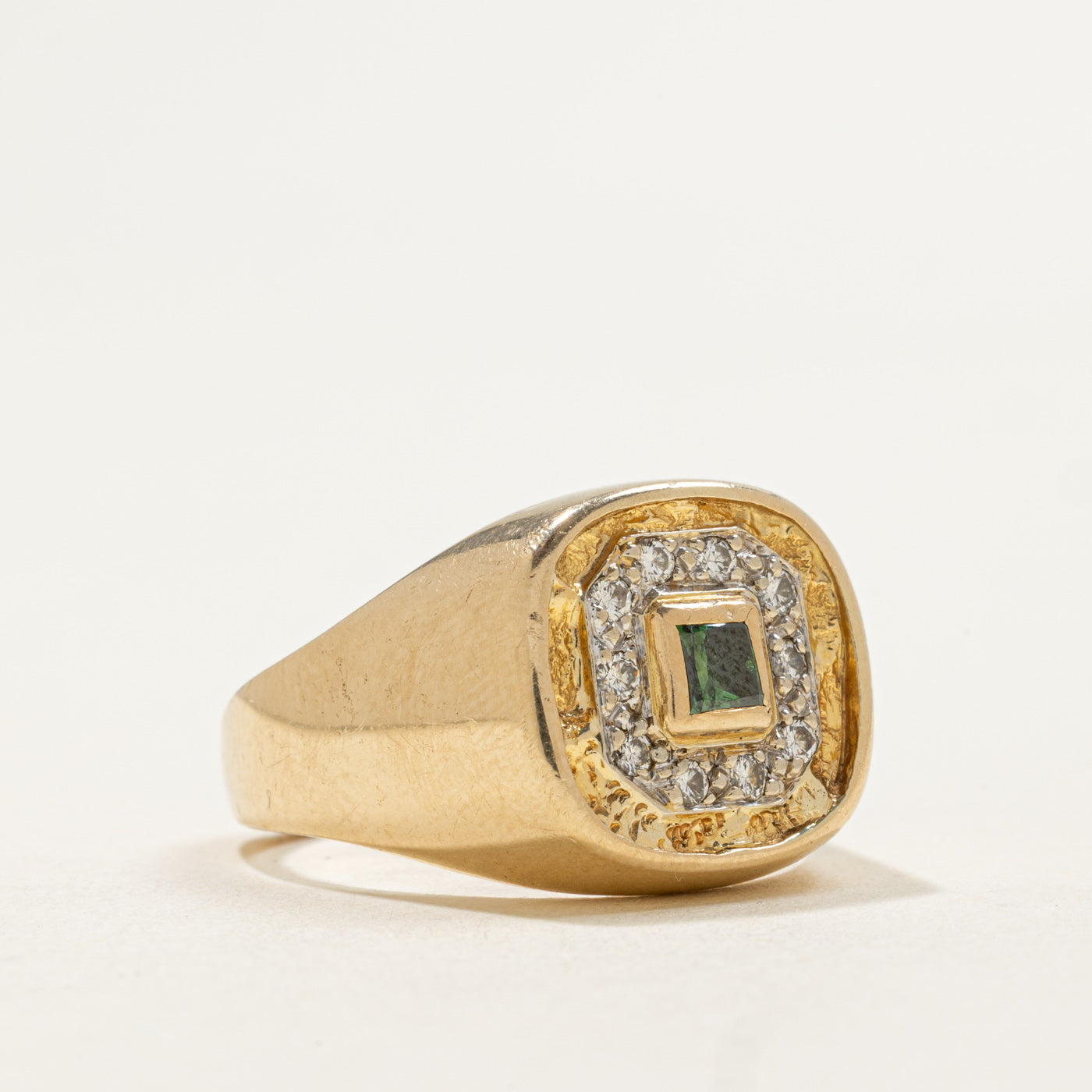 14K Green & White Diamond Textured Signet Ring | 0.50ctw | SZ 8.5
