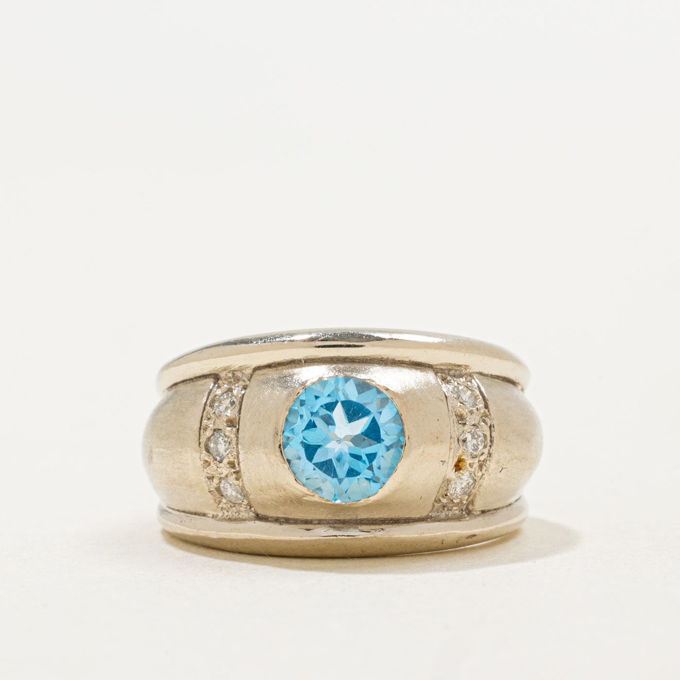 14K Round Cut Blue Topaz & Diamond Chunky Ring | 1.05ct, 0.12ctw | SZ 6.0
