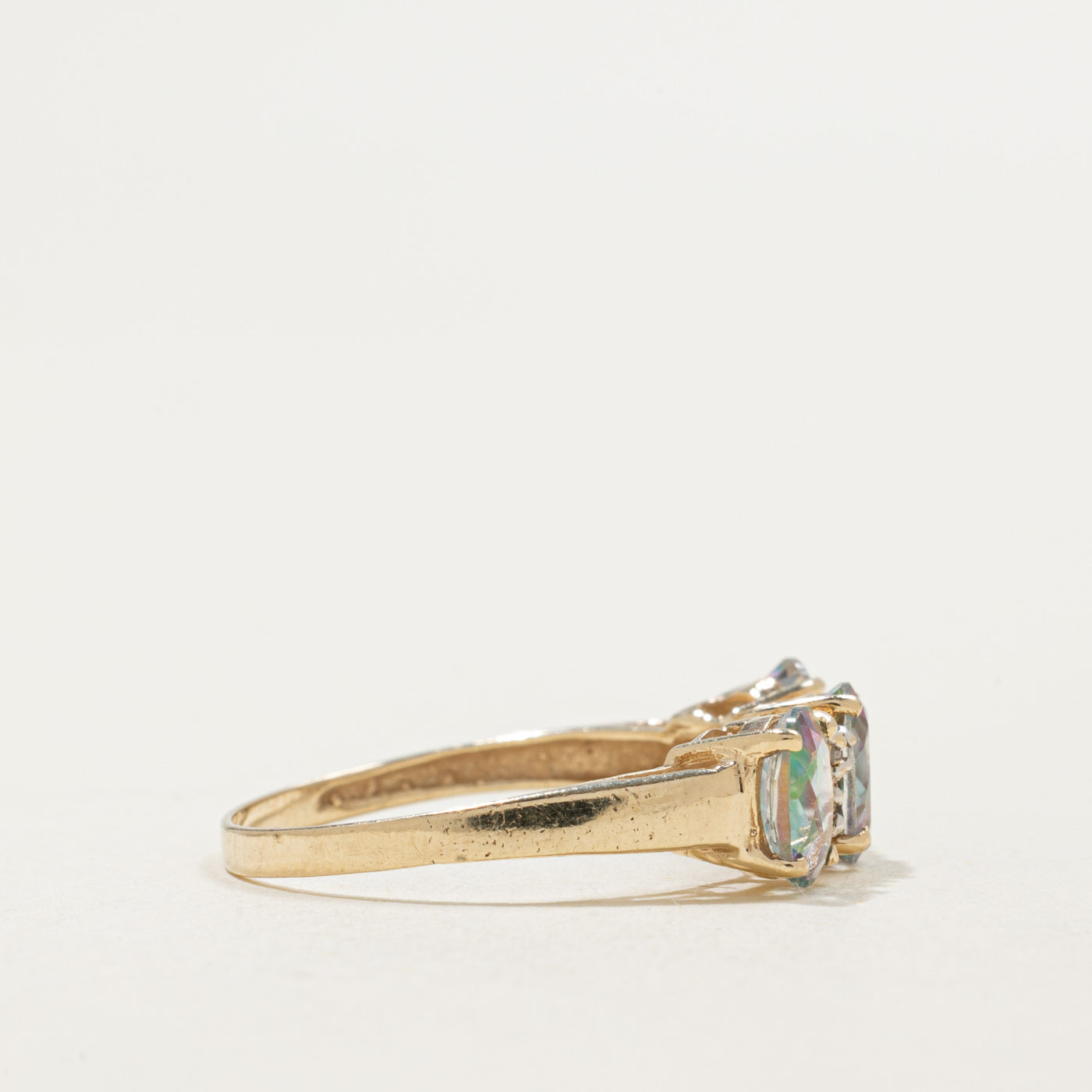 10K Three Stone Oval Cut Mystic Topaz & Diamond Ring | 1.50ctw, 0.03ctw | SZ 6.5