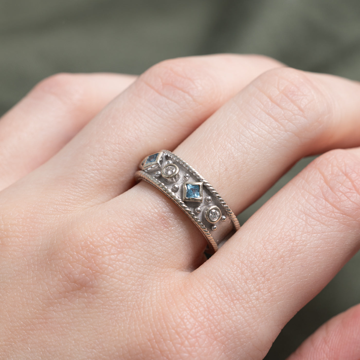 Bezel Set Blue Topaz & Diamond Textured Band | 6.90mm | SZ 6.75