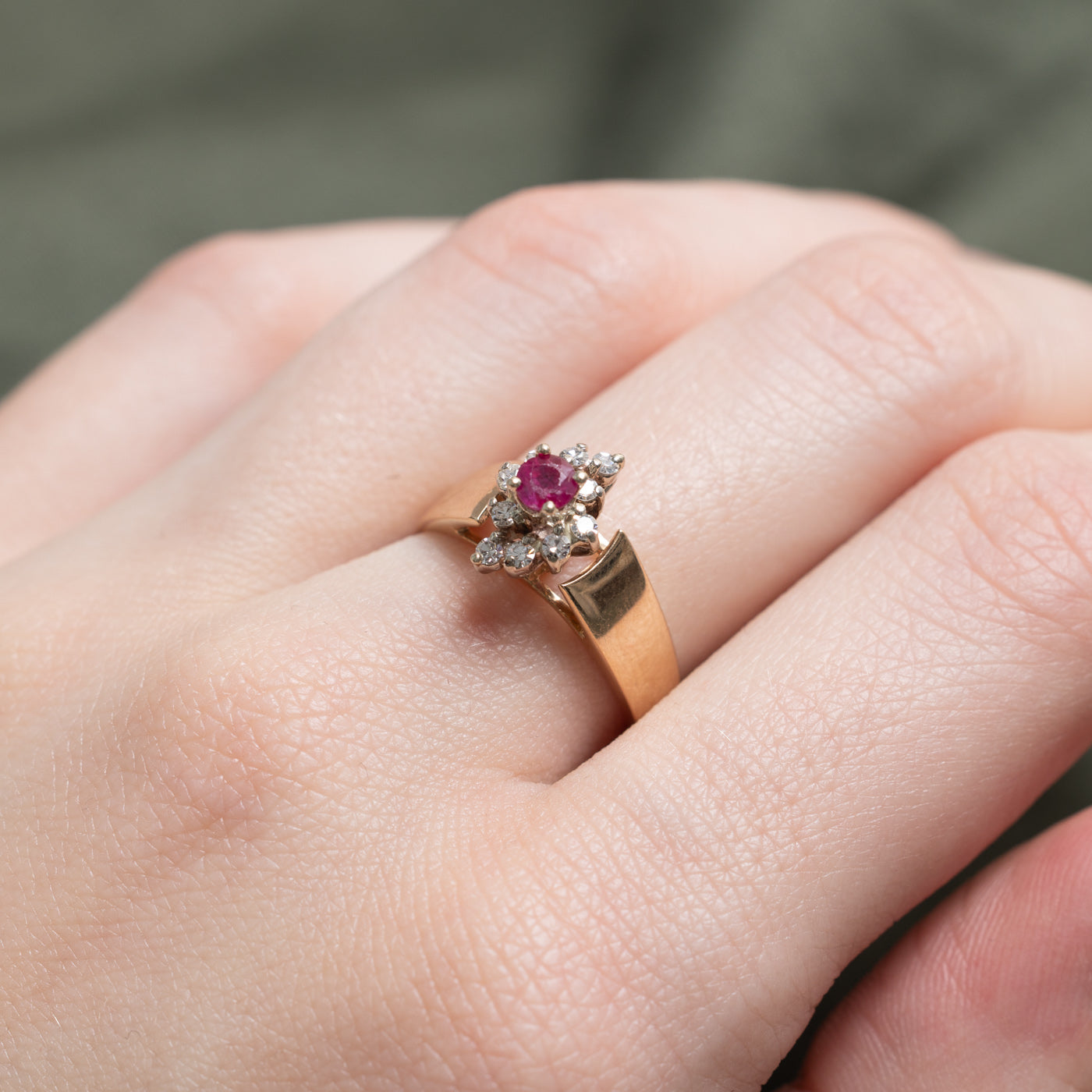 Synthetic Ruby & Natural Diamond Petal Halo Ring | SZ 6.75