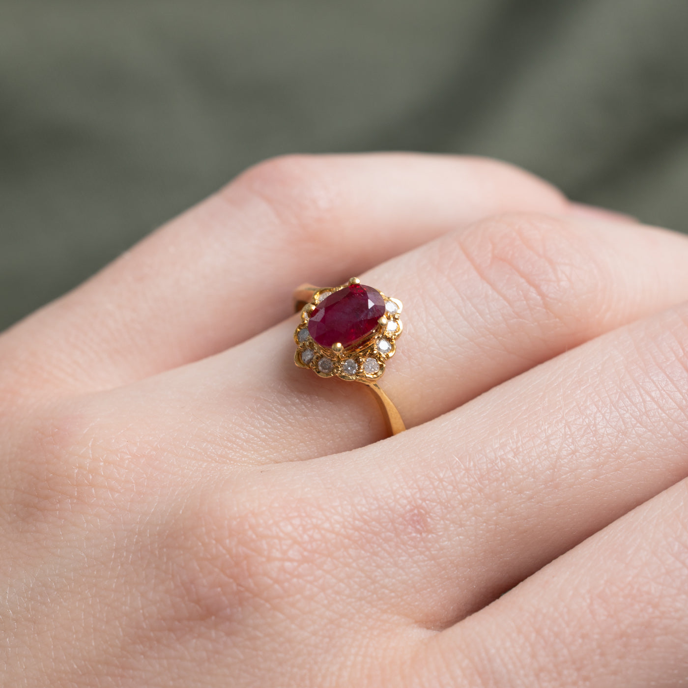 Oval Cut Ruby & Diamond Petal Halo Ring | 0.70ct, 0.06ctw | SZ 5.5