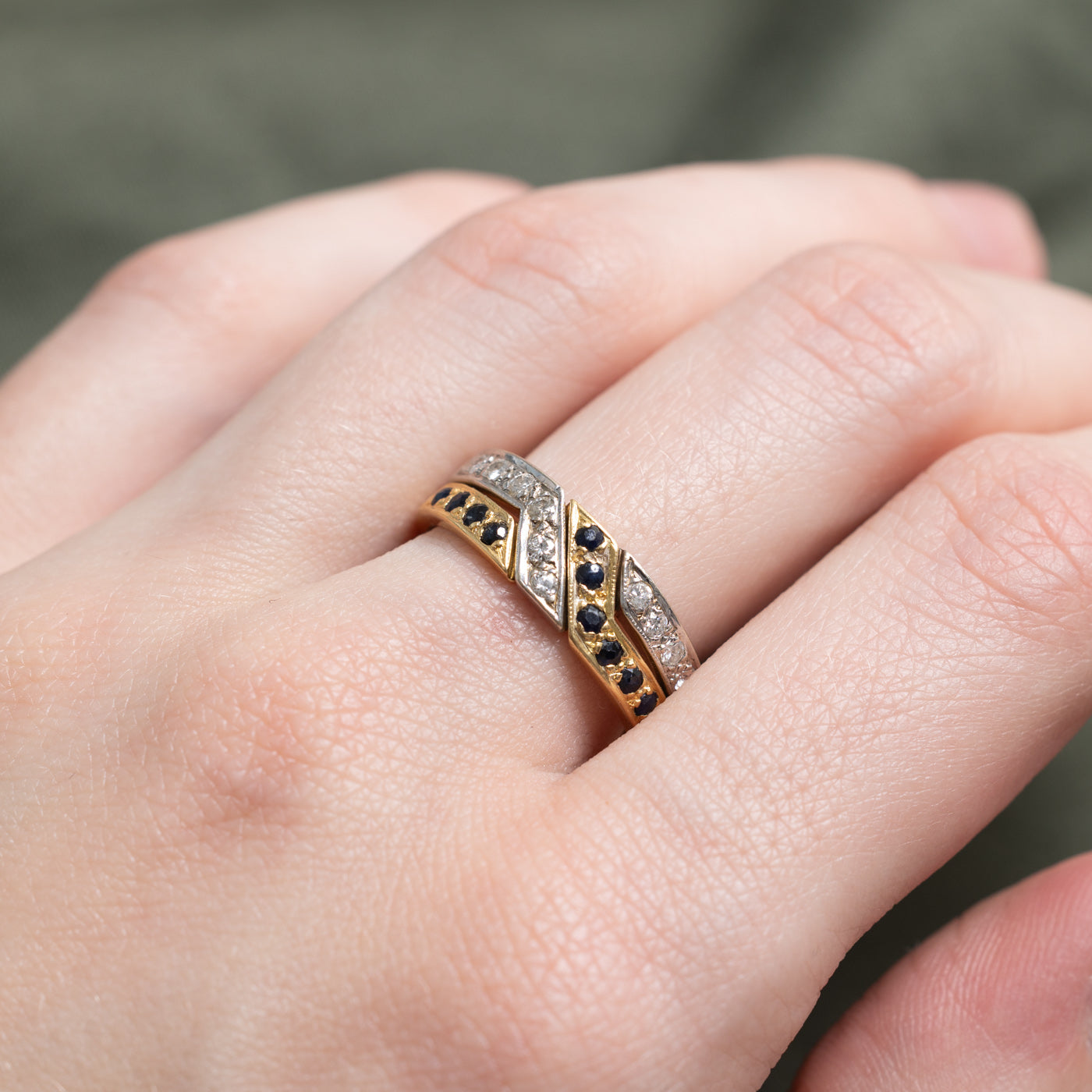 Two Tone Gold Diamond & Sapphire Interlocking Puzzle Band | 0.25ctw, 0.25ctw | SZ 7.75