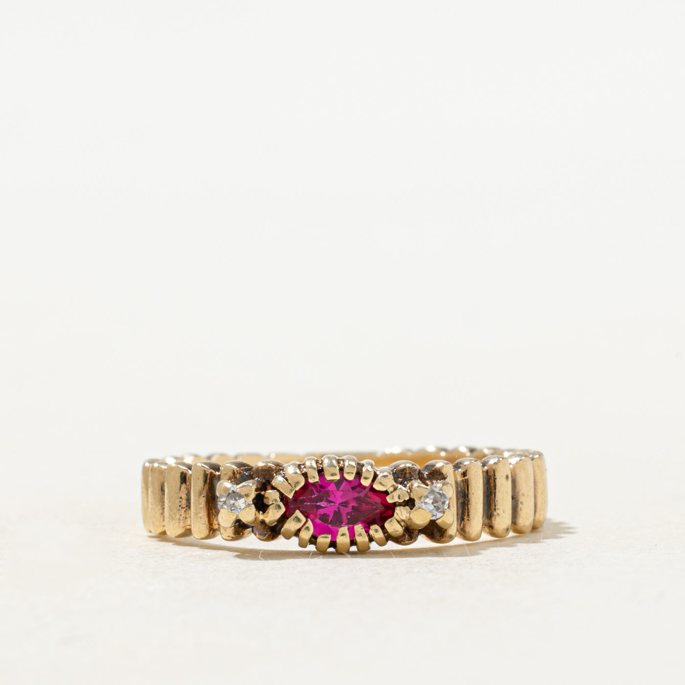 Marquise Cut Synthetic Ruby & Natural Diamond Fluted Ring | SZ 4.5
