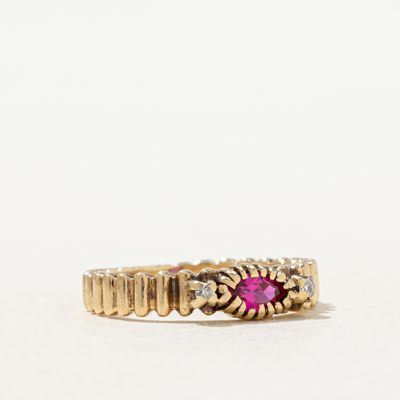 Marquise Cut Synthetic Ruby & Natural Diamond Fluted Ring | SZ 4.5