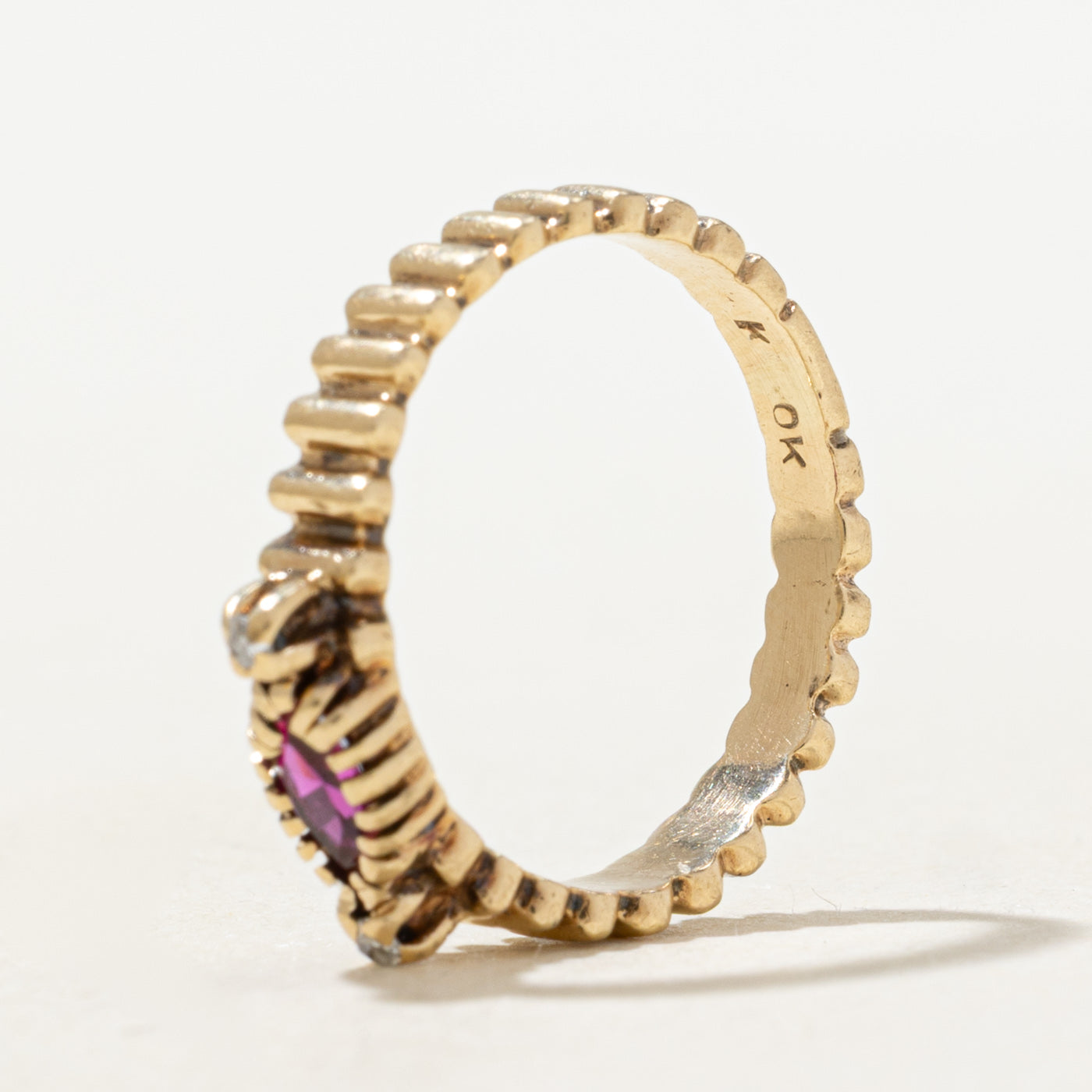 Marquise Cut Synthetic Ruby & Natural Diamond Fluted Ring | SZ 4.5