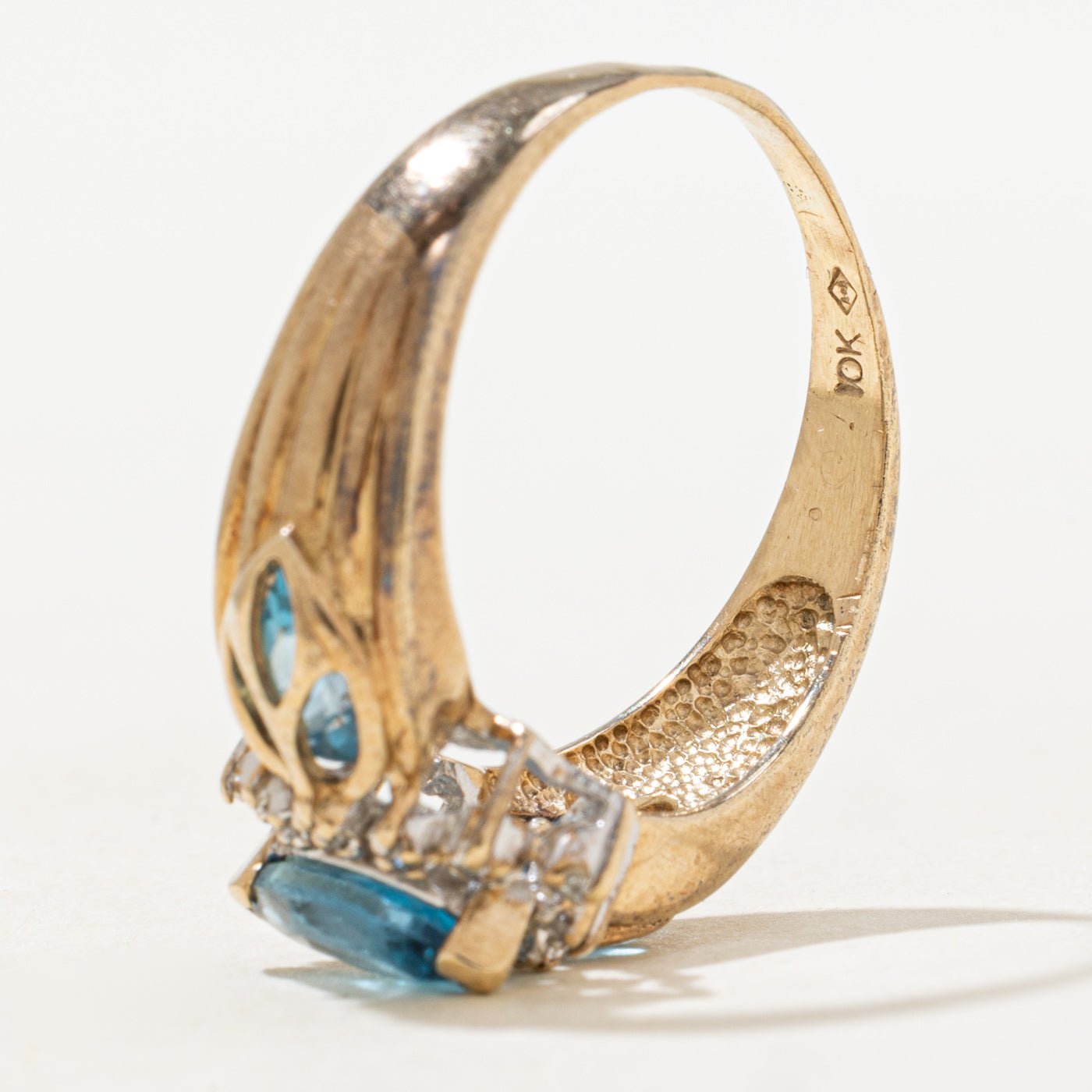 Marquise Cut Blue Topaz & Diamond Floral Ring | 1.30ctw, 0.12ctw | SZ 8.25