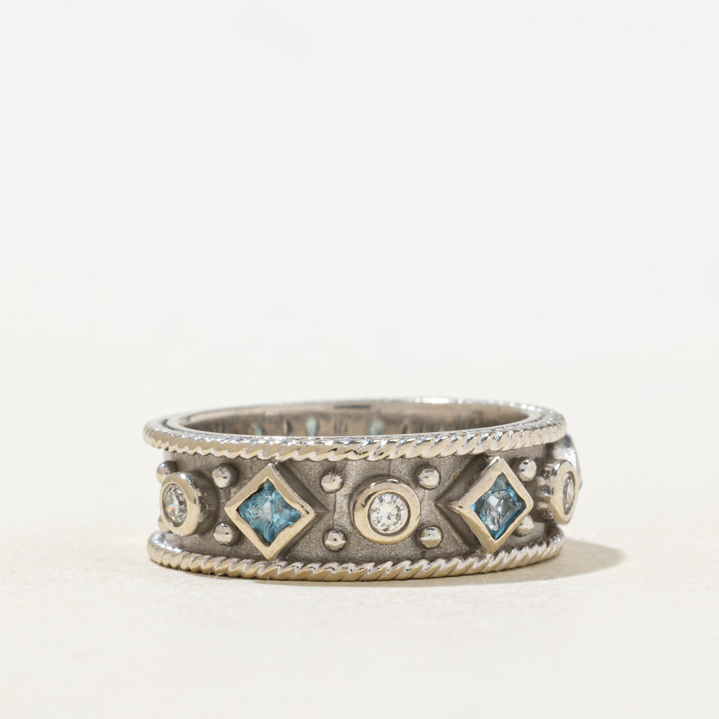 Bezel Set Blue Topaz & Diamond Textured Band | 6.90mm | SZ 6.75