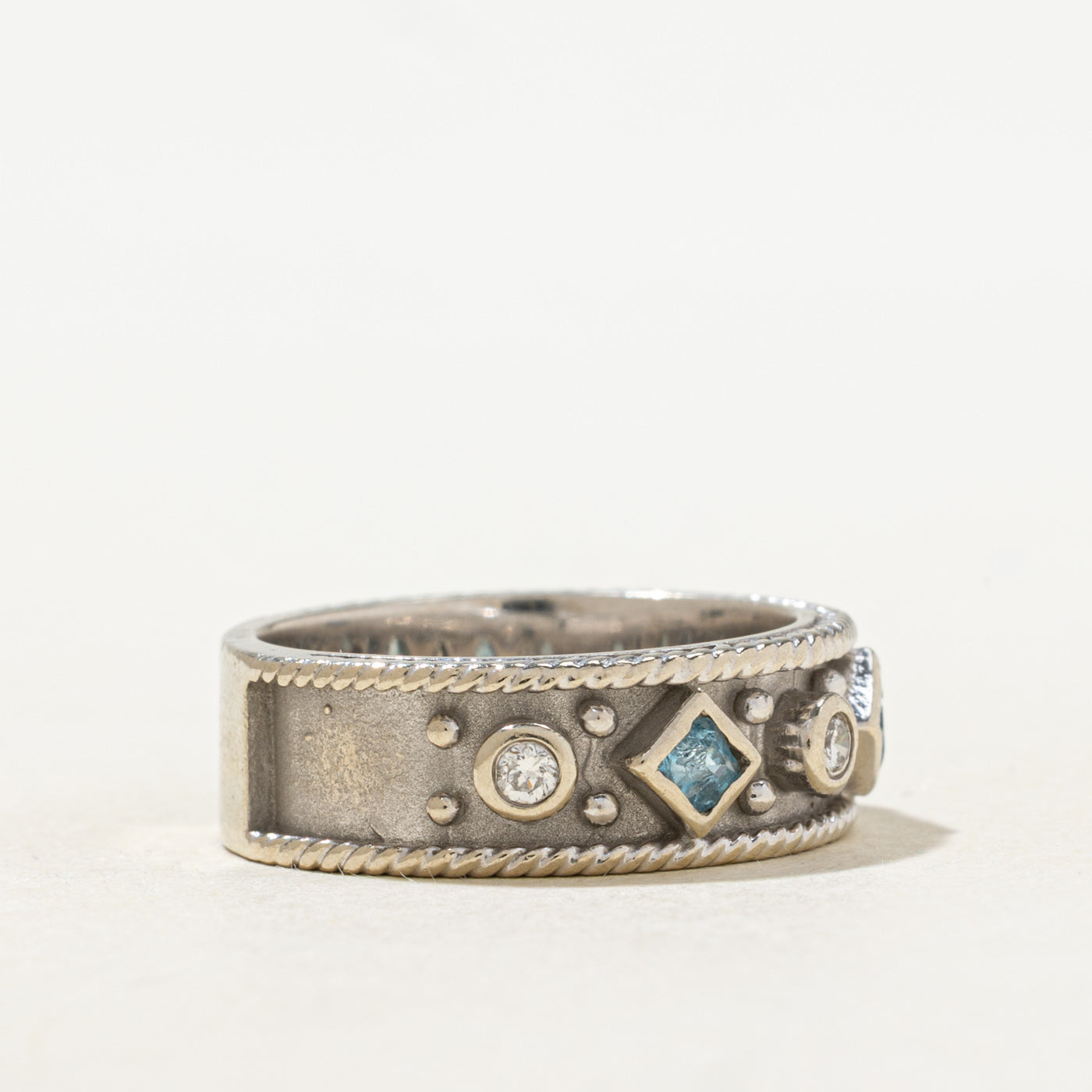 Bezel Set Blue Topaz & Diamond Textured Band | 6.90mm | SZ 6.75