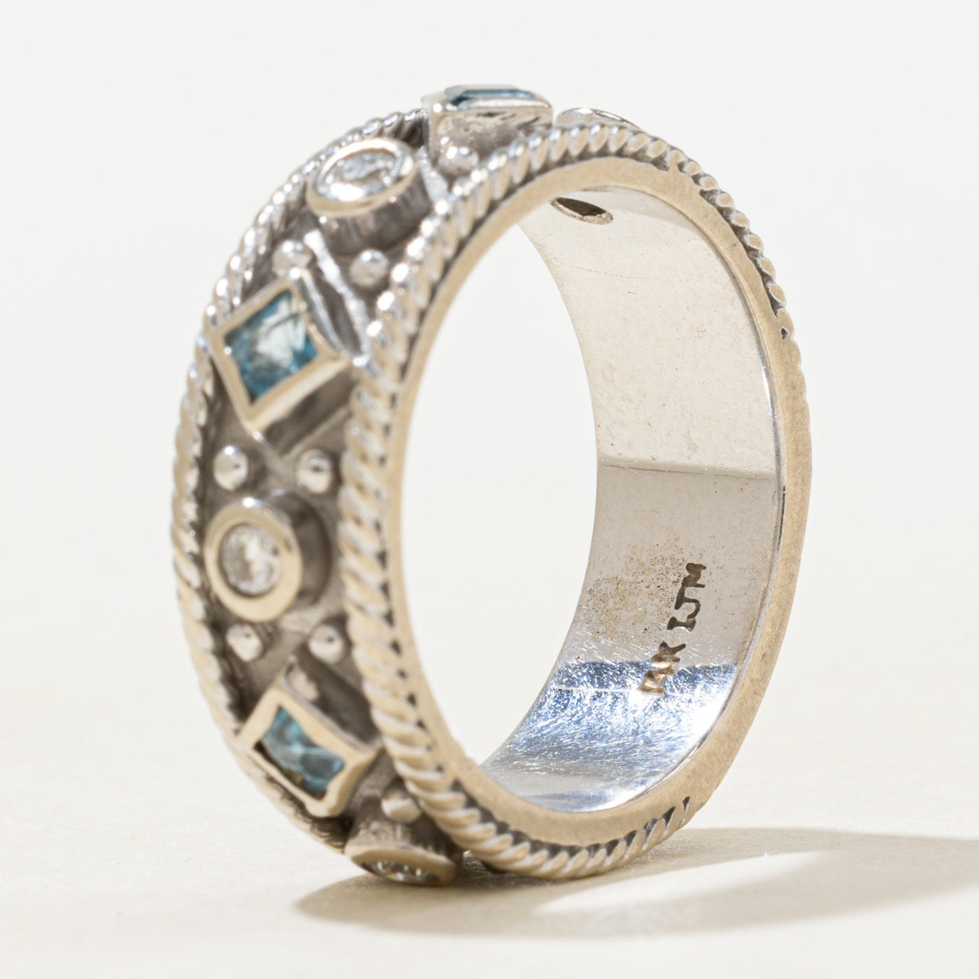 Bezel Set Blue Topaz & Diamond Textured Band | 6.90mm | SZ 6.75