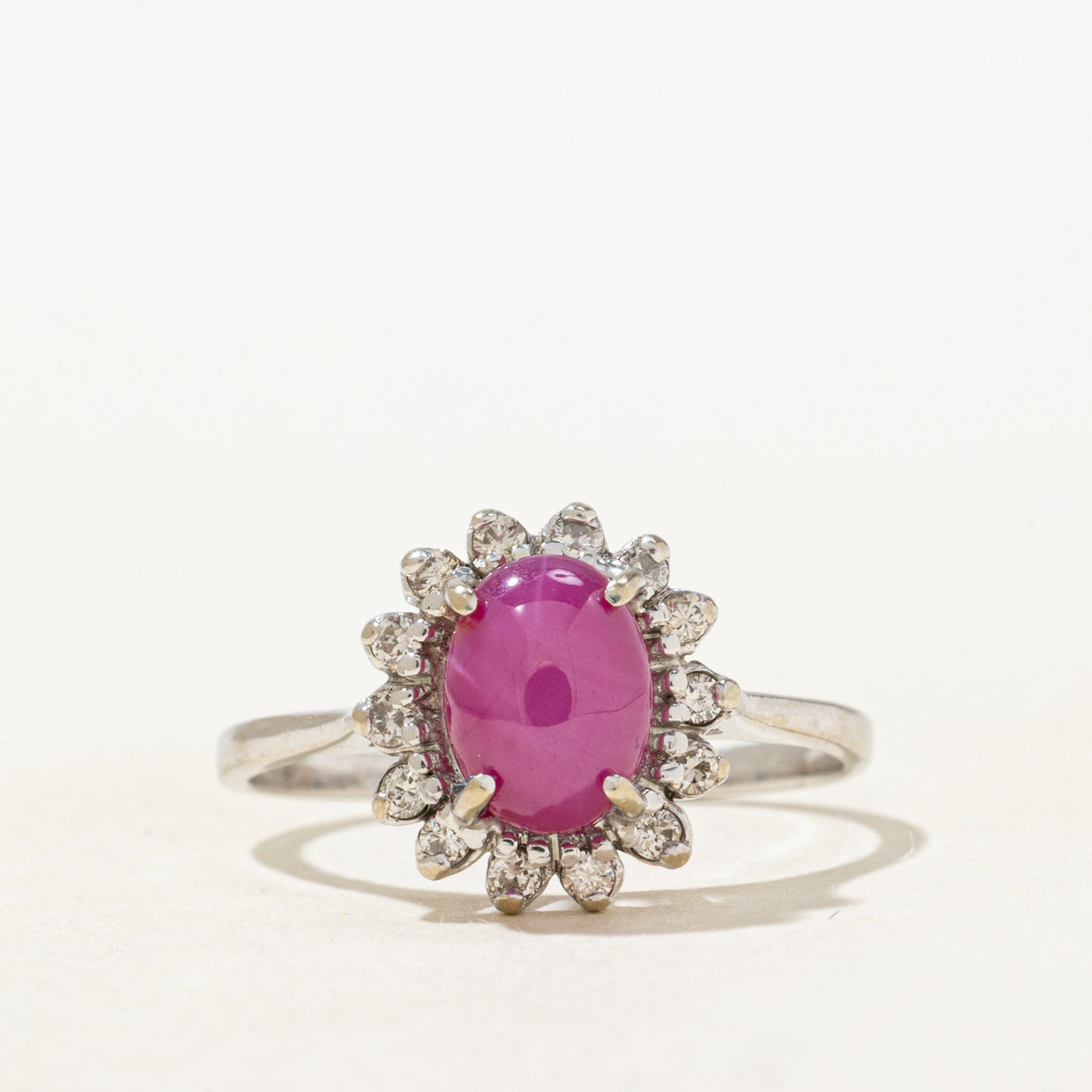 Synthetic Ruby & Natural Diamond Petal Halo Ring | 2.0ct, 0.26ctw | SZ 7.0