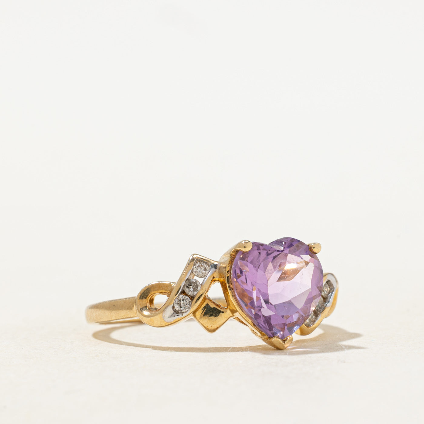 Heart Cut Amethyst & Diamond Cross Over Ring | 1.40ct, 0.03ctw | SZ 7.0