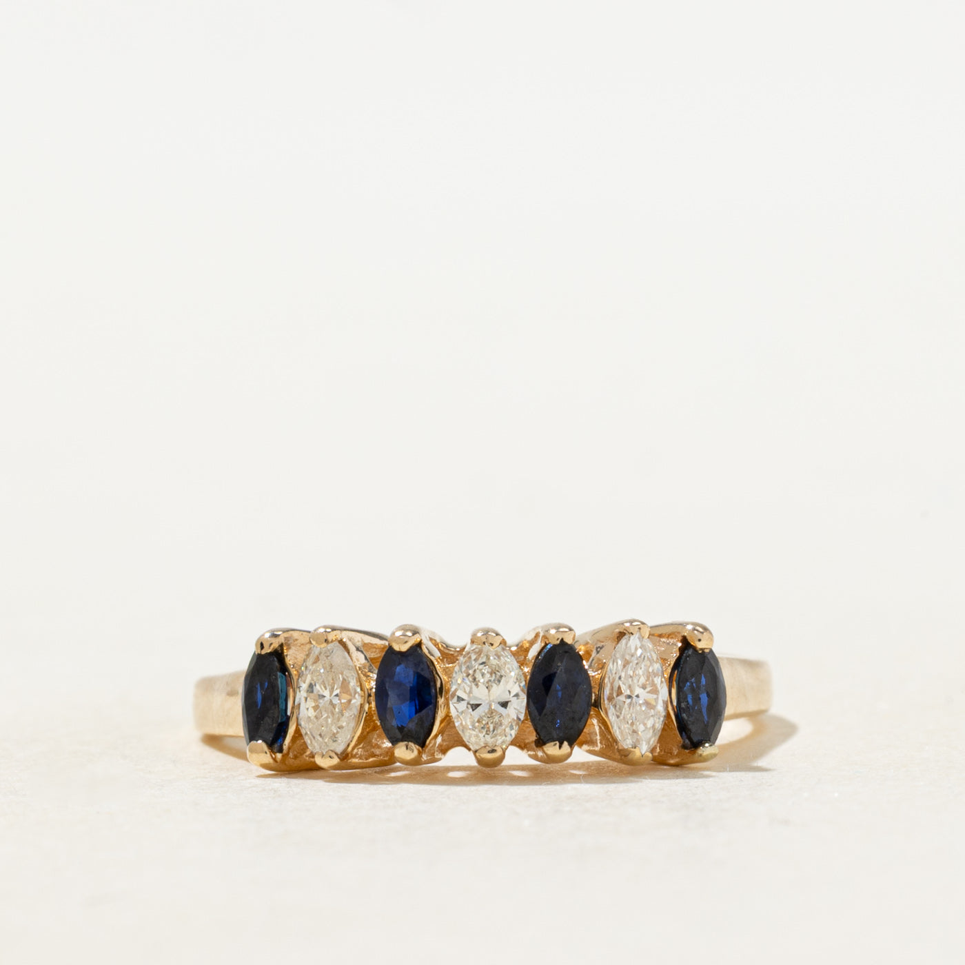 Bague sept pierres saphir taille marquise et diamants | 0,12 ct, 0,15 ct | Taille 7