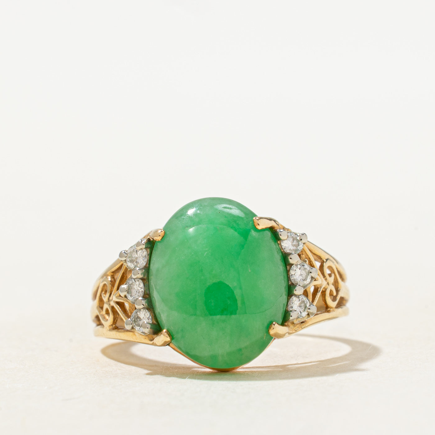 Jadeite & Diamond Petal Openwork Ring | 5.0ct, 0.20ctw | SZ 6.25