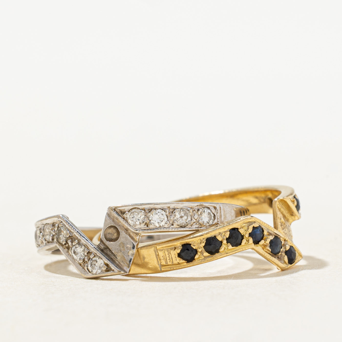 Two Tone Gold Diamond & Sapphire Interlocking Puzzle Band | 0.25ctw, 0.25ctw | SZ 7.75
