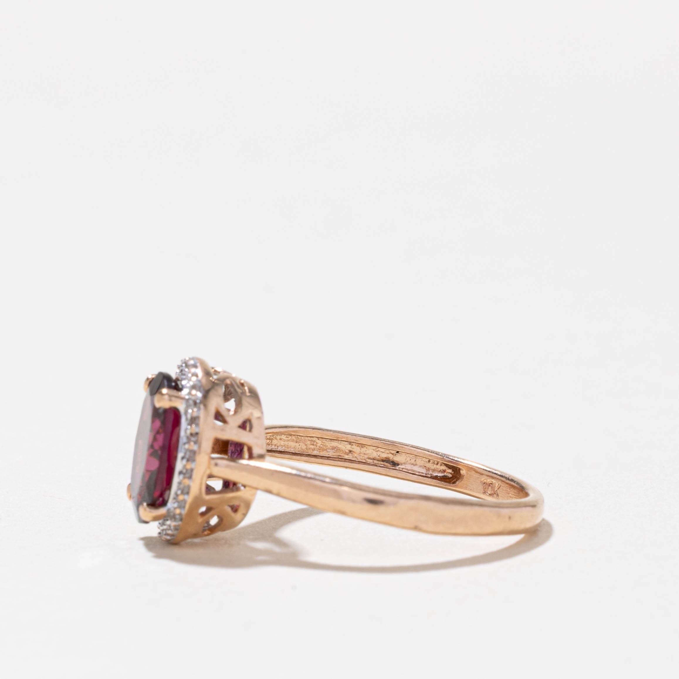 10k Oval Cut Garnet & Diamond Halo Ring | 1.90ct, 0.08ctw | SZ 6.5