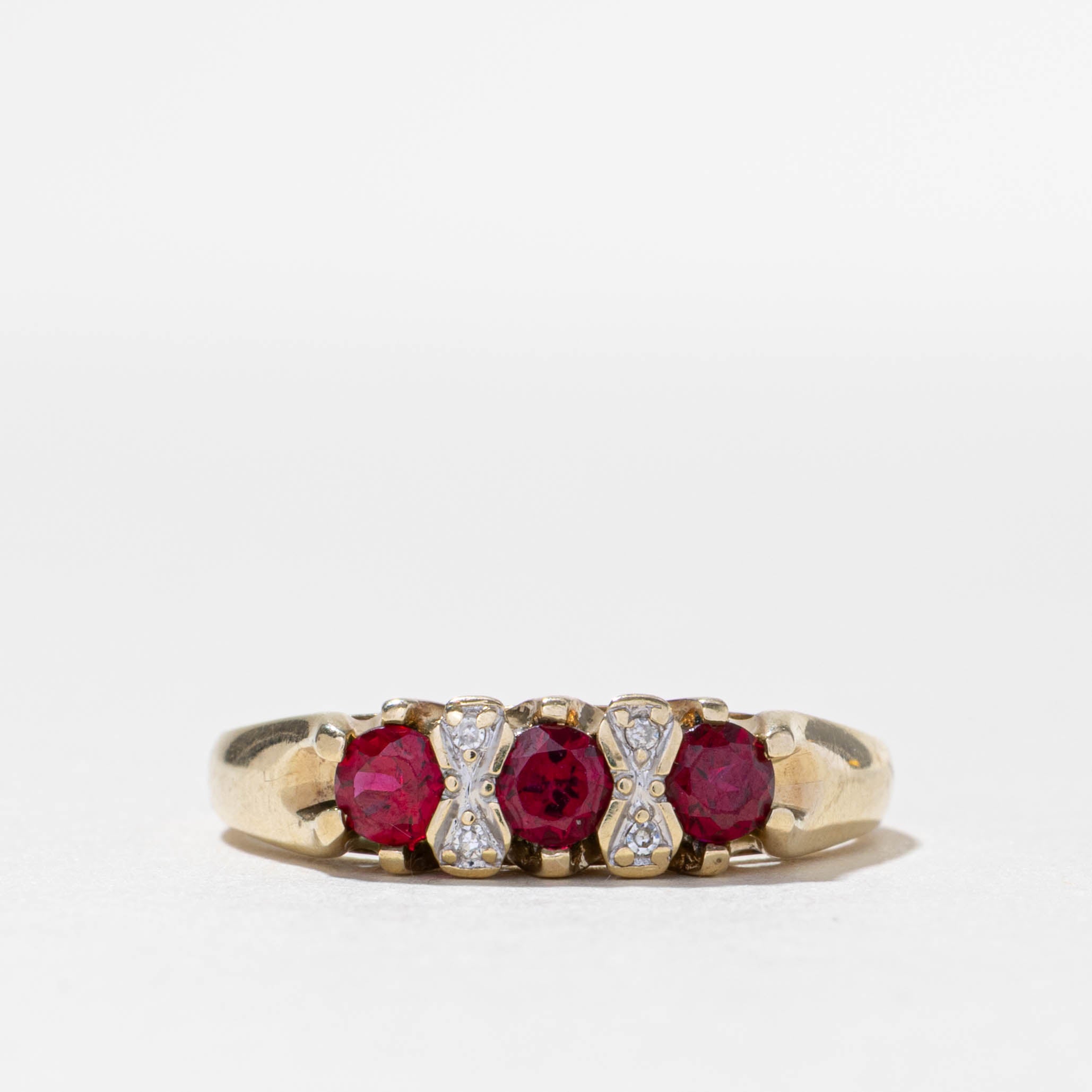 10k Three Stone Synthetic Ruby & Natural Diamond Ring | 0.50ctw, 0.02ctw | SZ 7.75