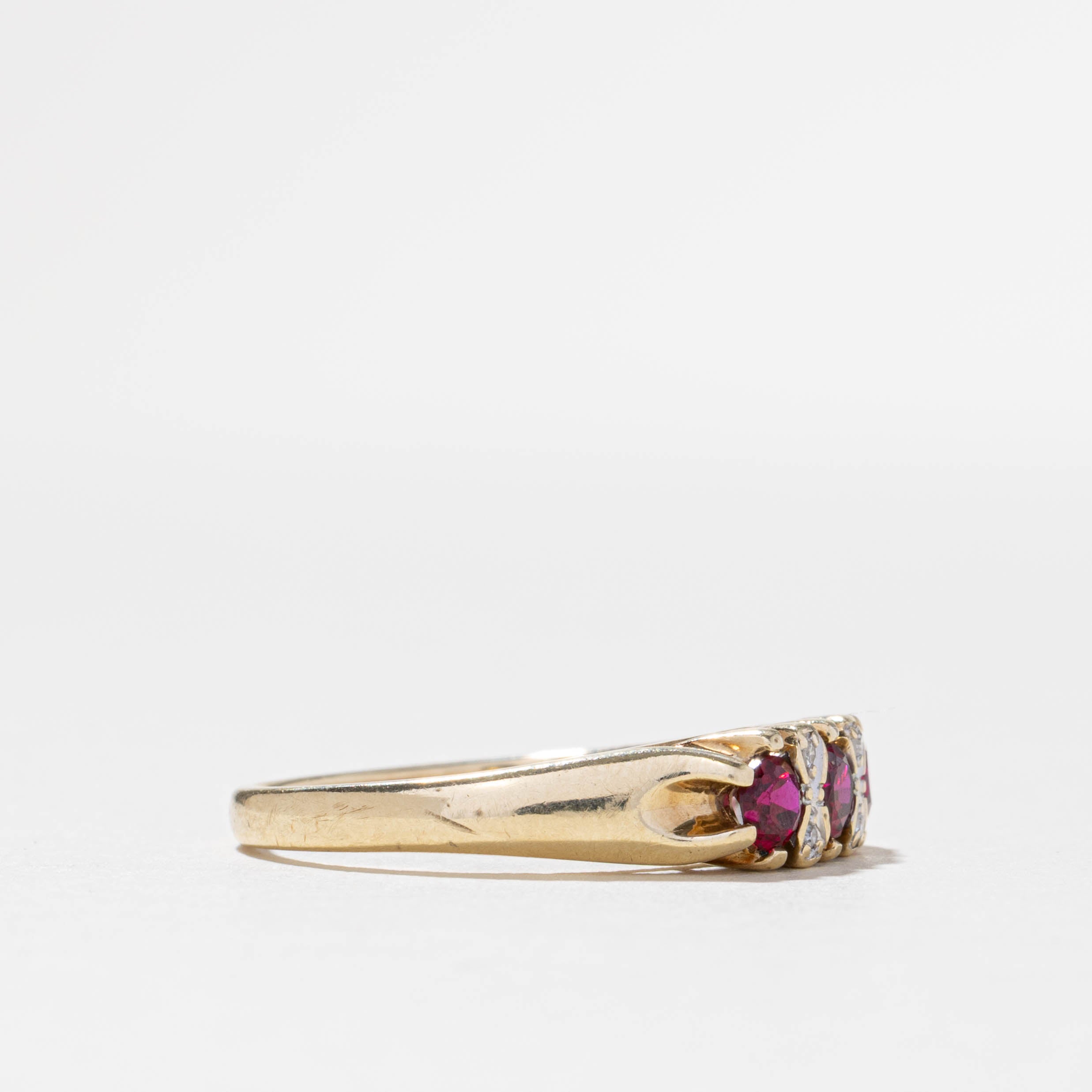 10k Three Stone Synthetic Ruby & Natural Diamond Ring | 0.50ctw, 0.02ctw | SZ 7.75