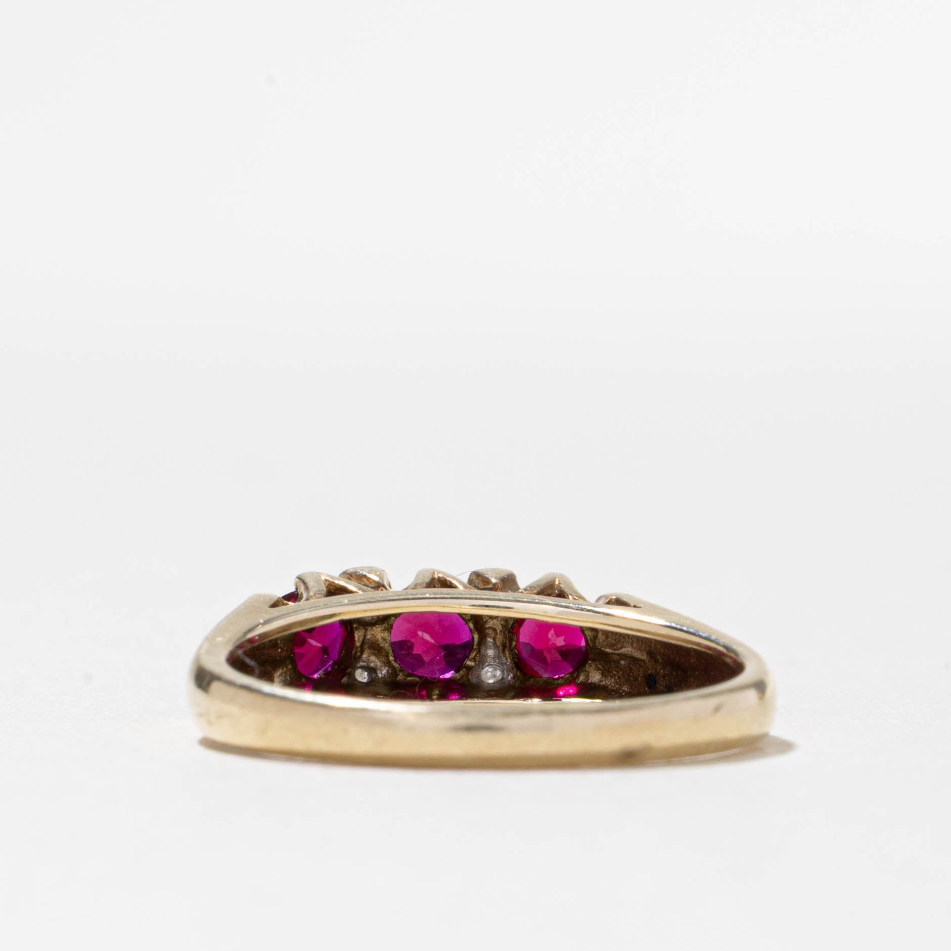 10k Three Stone Synthetic Ruby & Natural Diamond Ring | 0.50ctw, 0.02ctw | SZ 7.75