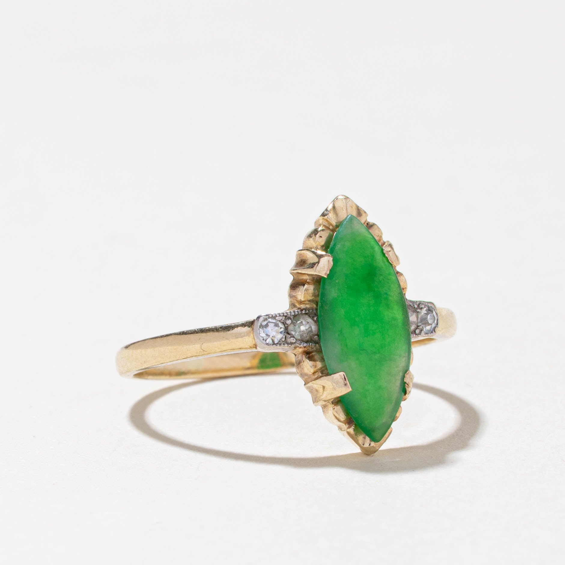 10k Jadeite and Diamond Marquise Cut Ring | 1.00ct, 0.06ctw | SZ 8.75