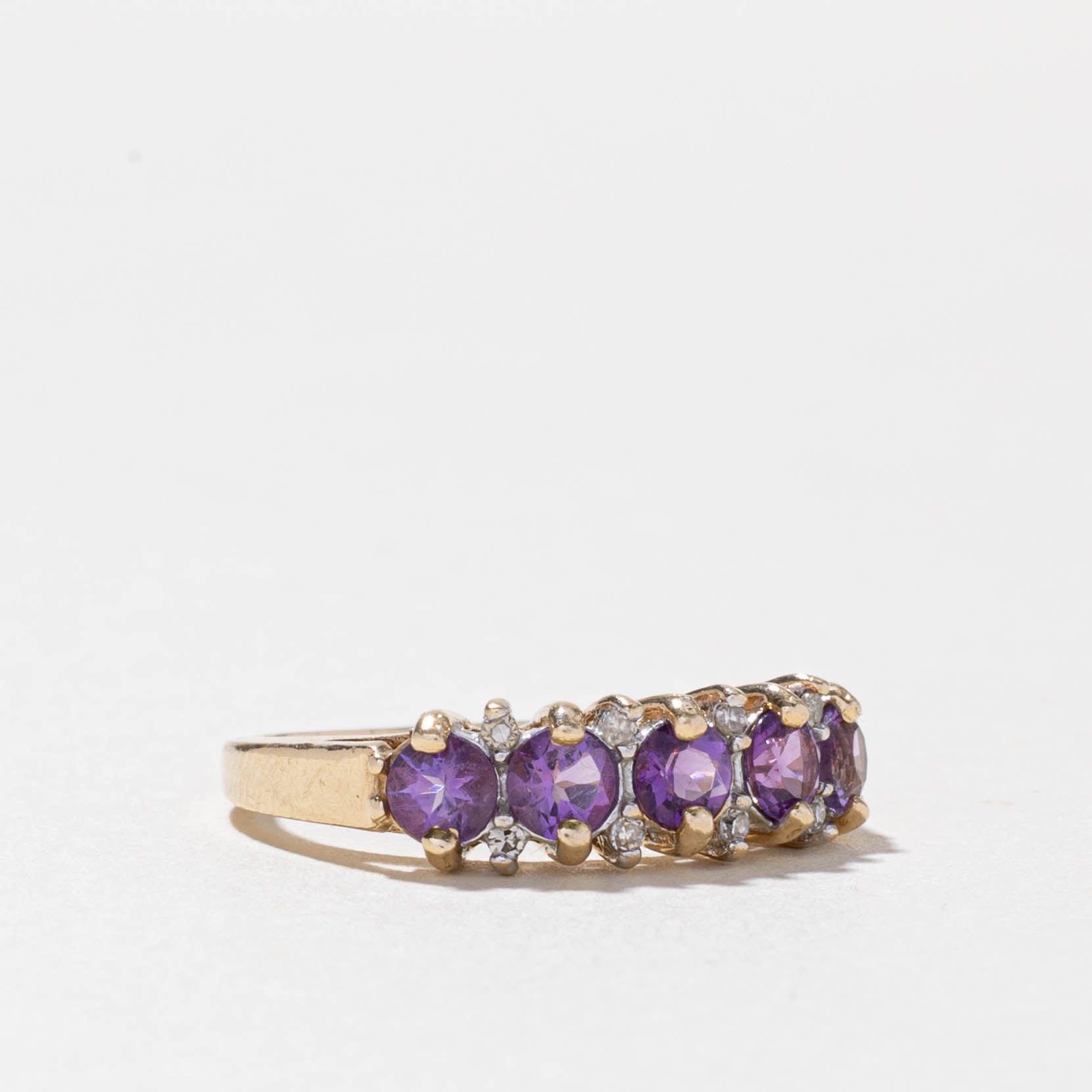 10k Five Stone Amethyst & Diamond Accented Ring | 0.65ctw, 0.04ctw | SZ 4.5