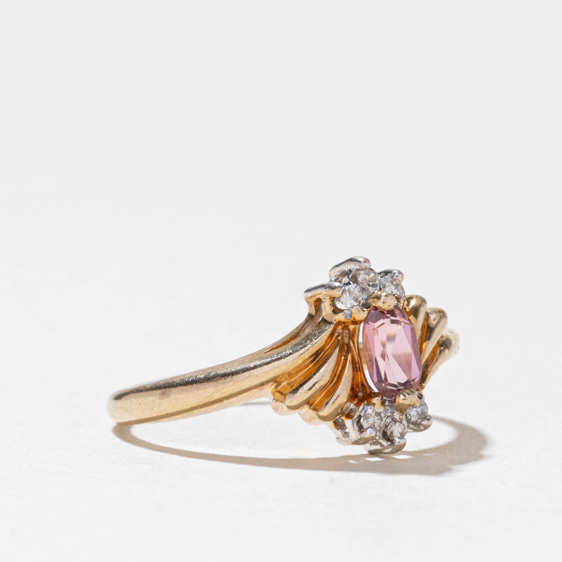10k Pink Tourmaline & Diamond Grooved Ring | SZ 6.5