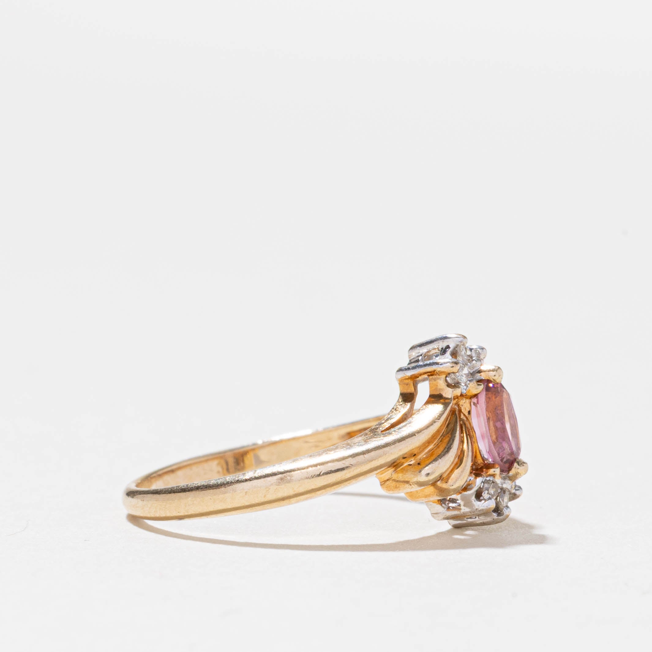 10k Pink Tourmaline & Diamond Grooved Ring | SZ 6.5