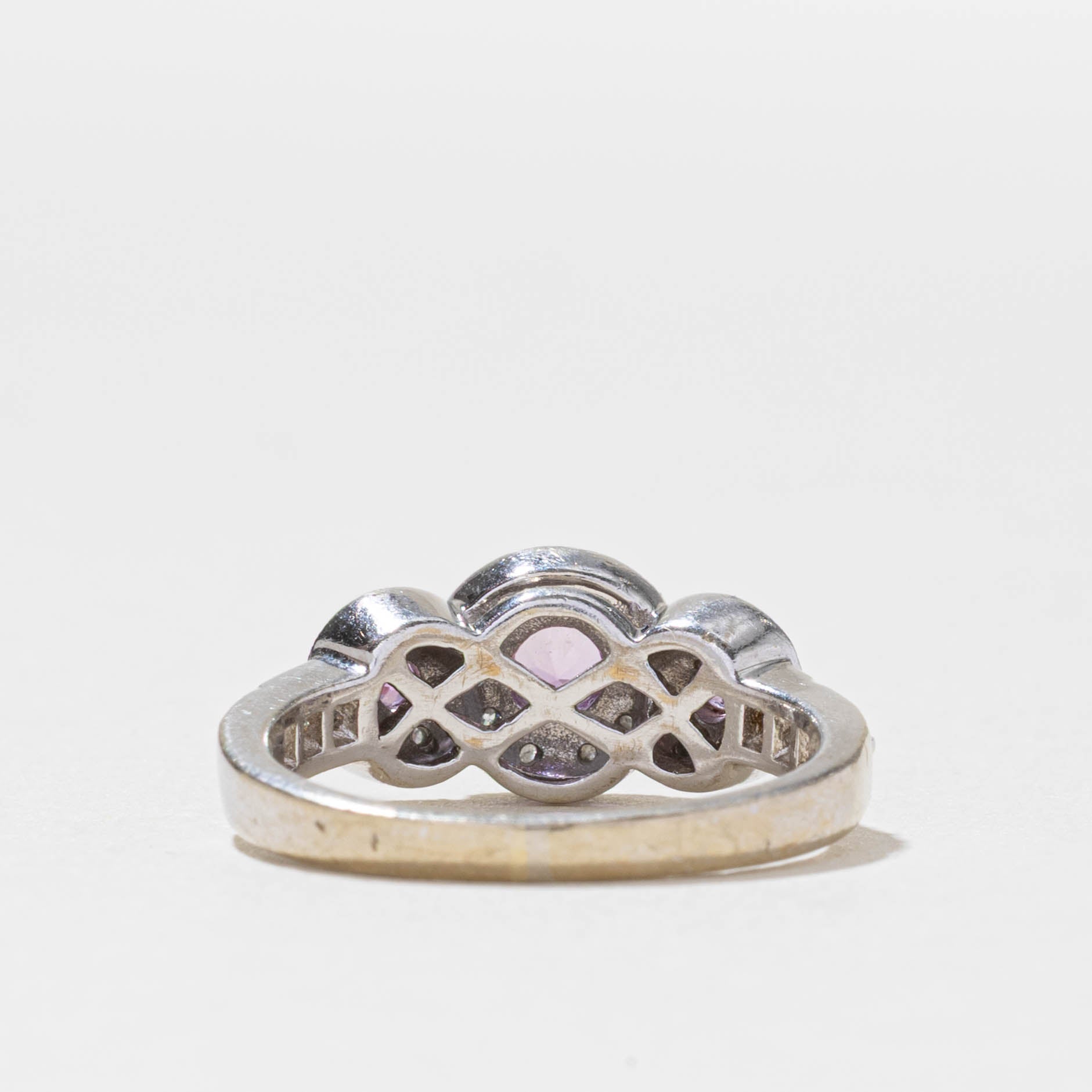 Three Stone Synthetic Sapphire & Diamond Halo Ring | 0.20ctw, 0.08ctw | SZ 5