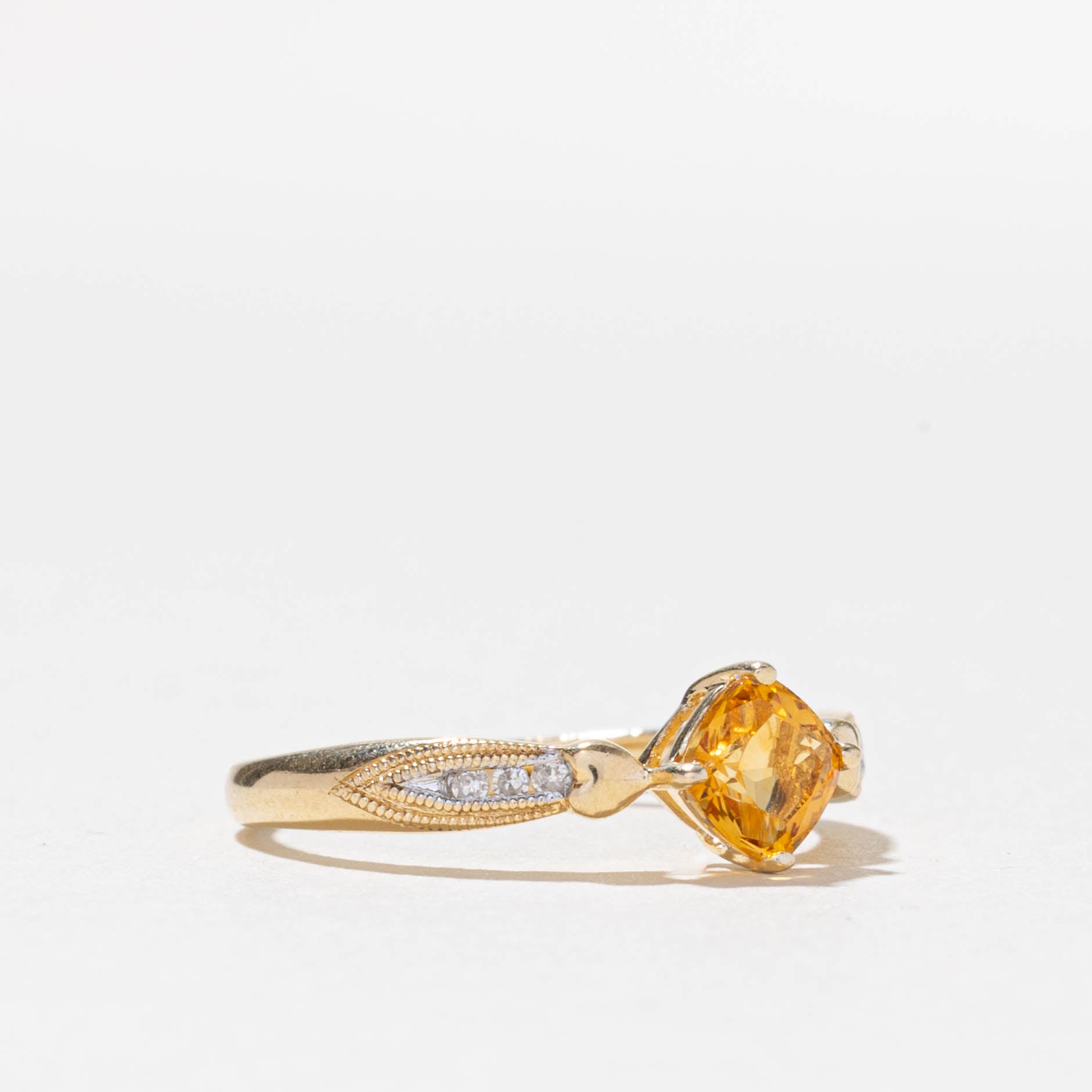 14k Cusion Cut Citrine & Diamond Milgrain Ring | SZ 6.75