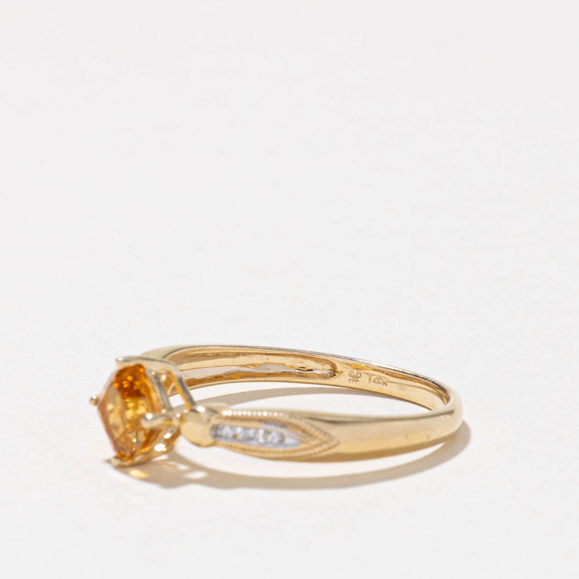 14k Cusion Cut Citrine & Diamond Milgrain Ring | SZ 6.75