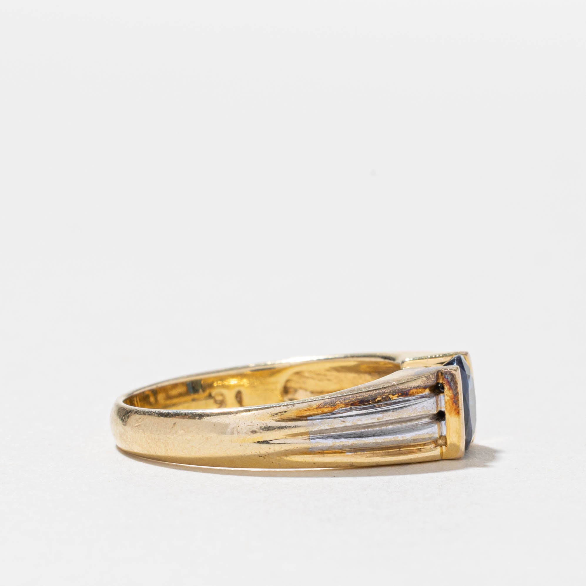14k Two Tone Gold Sapphire Grooved Ring | 0.70ct | SZ 7.25