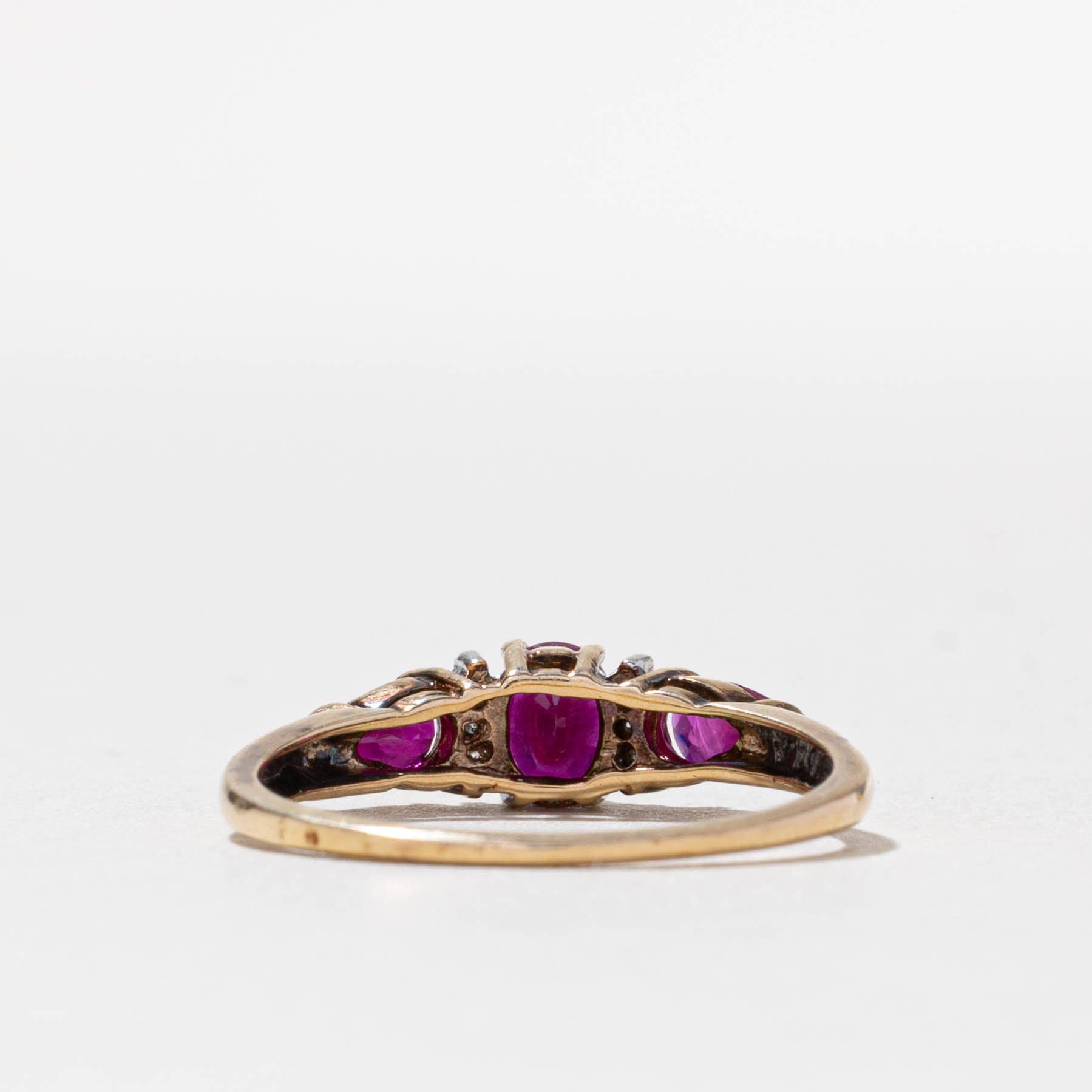 10k Three Stone Ruby & Diamond Accented Ring | 0.80ctw, 0.03ctw | SZ 8