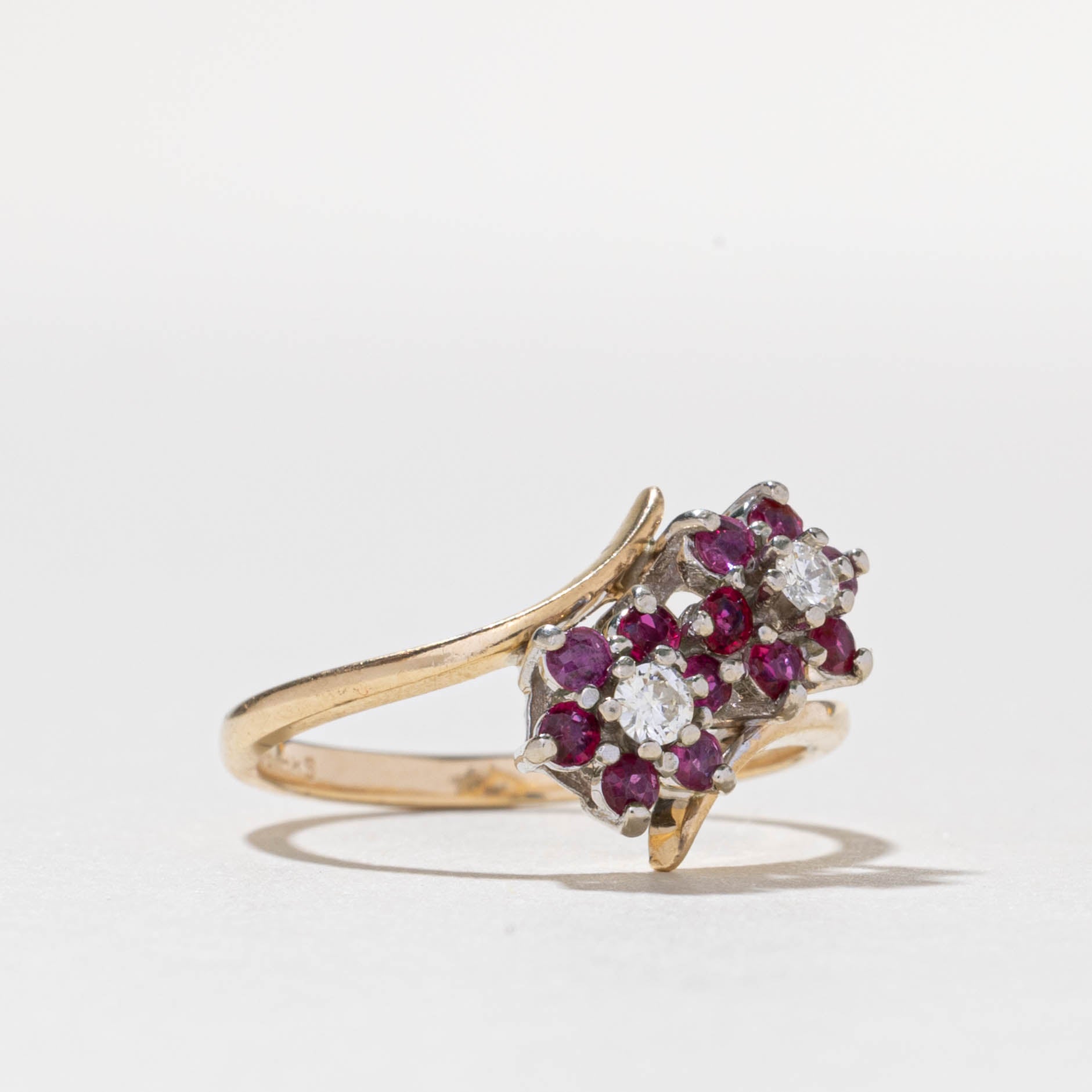 Vintage Canadian 14k Ruby & Diamond Flower Cluster Bypass Ring | 0.30ctw, 0.10ctw | SZ 6.5