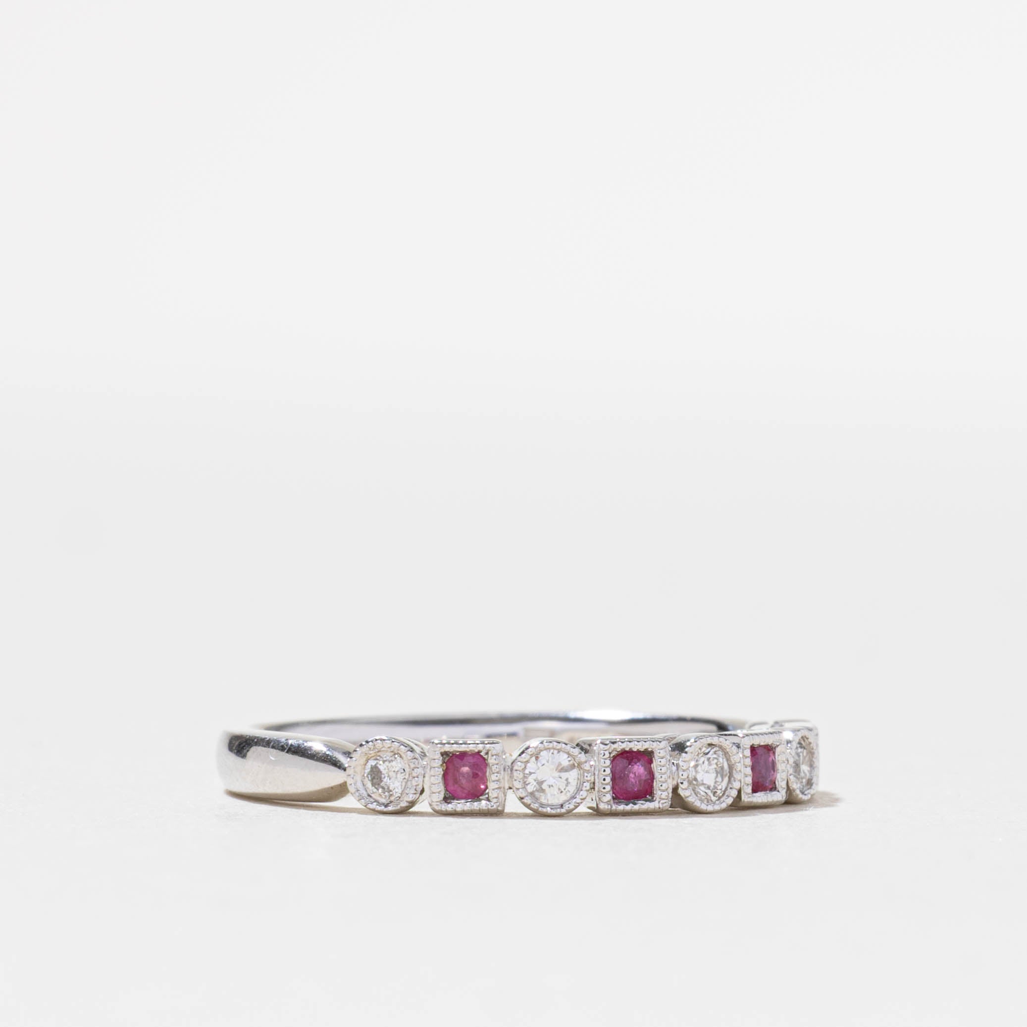 14k Semi Eternity Ruby & Diamond Milgrain Band | 0.12ctw, 0.08ctw | SZ 7