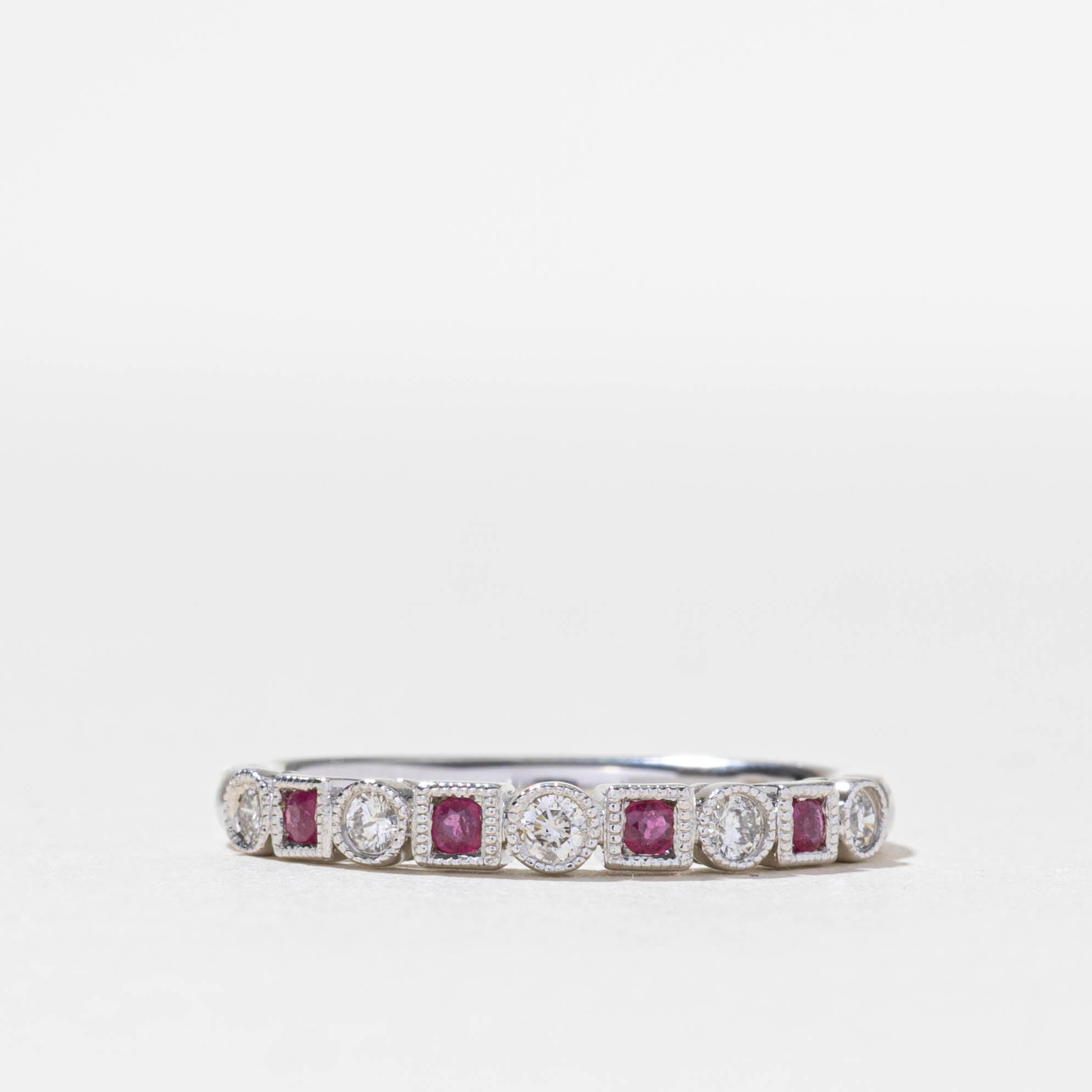 14k Semi Eternity Ruby & Diamond Milgrain Band | 0.12ctw, 0.08ctw | SZ 7