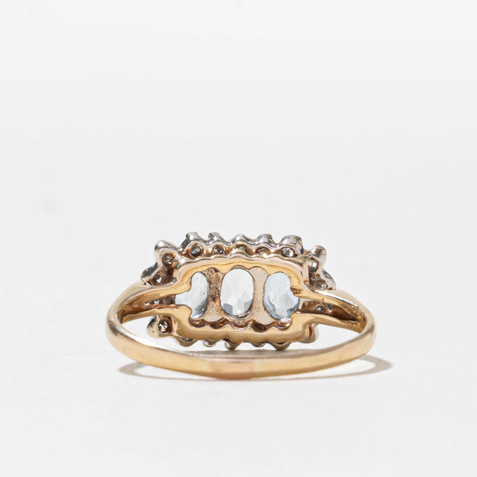 14k Three Stone Aquamarine & Diamond Petal Halo Ring | 0.42ctw, 0.18ctw | SZ 5.5
