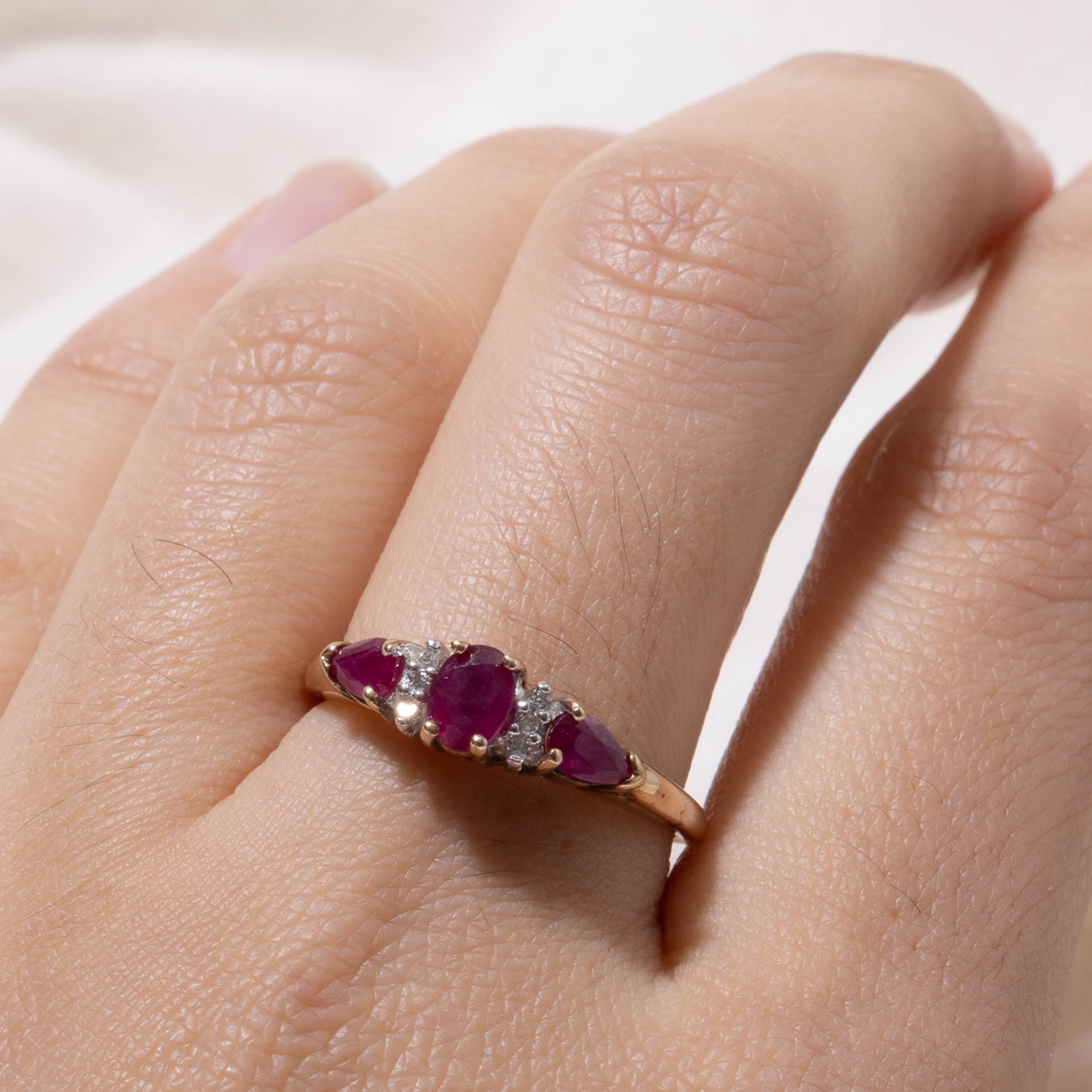10k Three Stone Ruby & Diamond Accented Ring | 0.80ctw, 0.03ctw | SZ 8