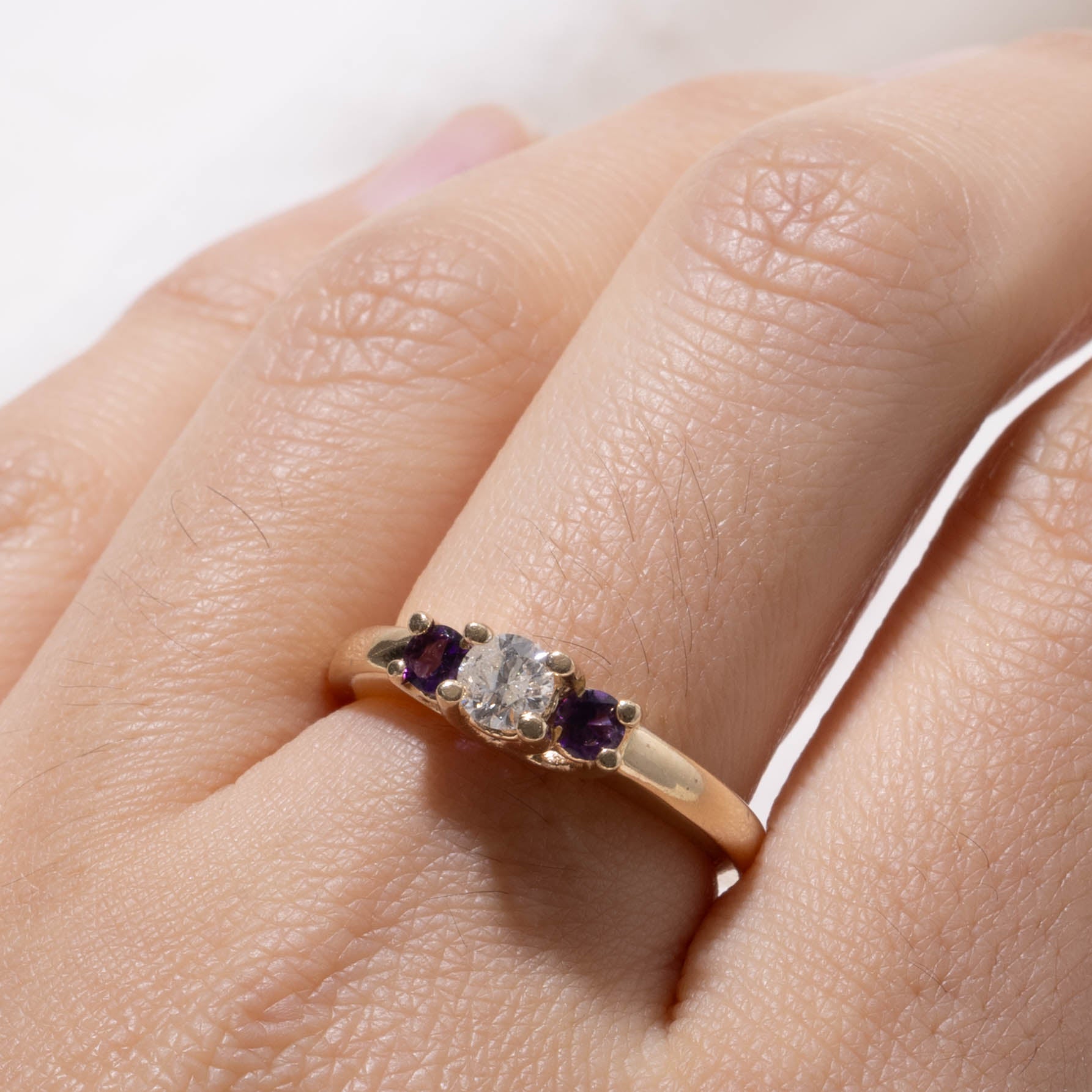 14k Three Stone Diamond & Amethyst Ring | 0.26ct, 0.14ctw | SZ 7