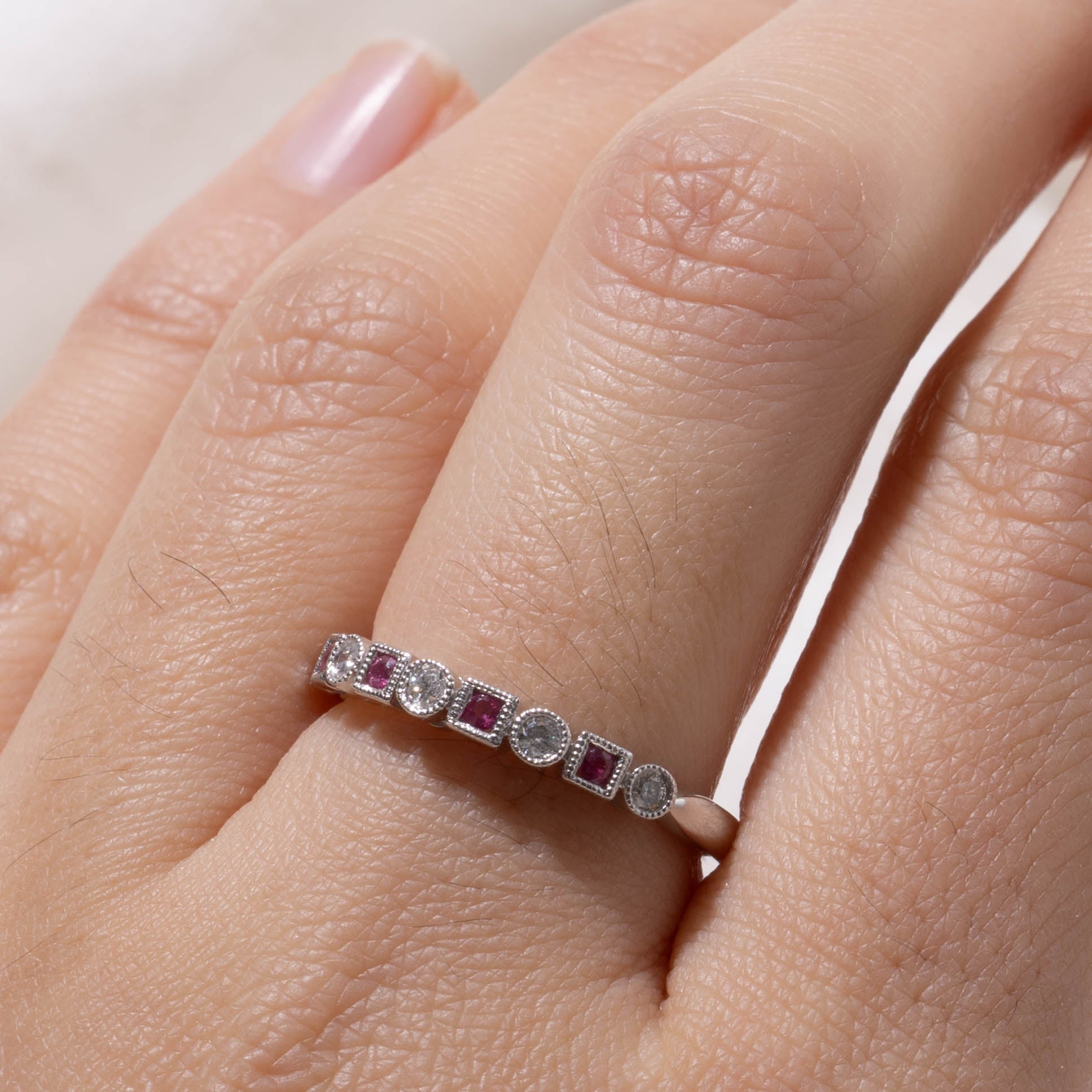 14k Semi Eternity Ruby & Diamond Milgrain Band | 0.12ctw, 0.08ctw | SZ 7