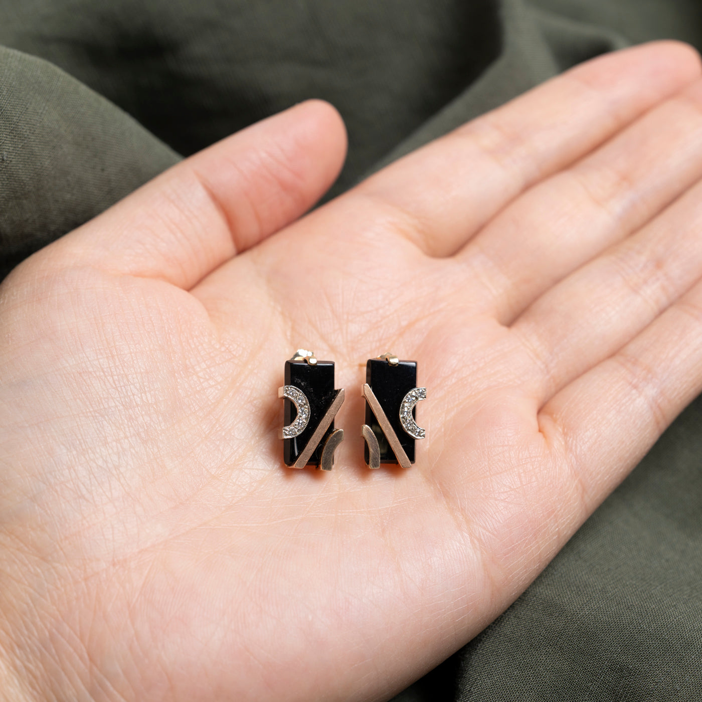 Onyx & Diamond Geometric Stud Earrings | 5.00ctw, 0.05ctw