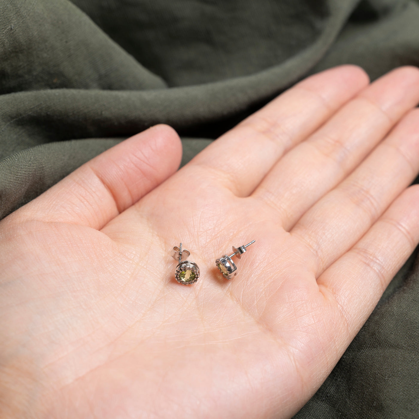 Peridot & Diamond Halo Stud Earrings | 0.40ctw, 0.02ctw