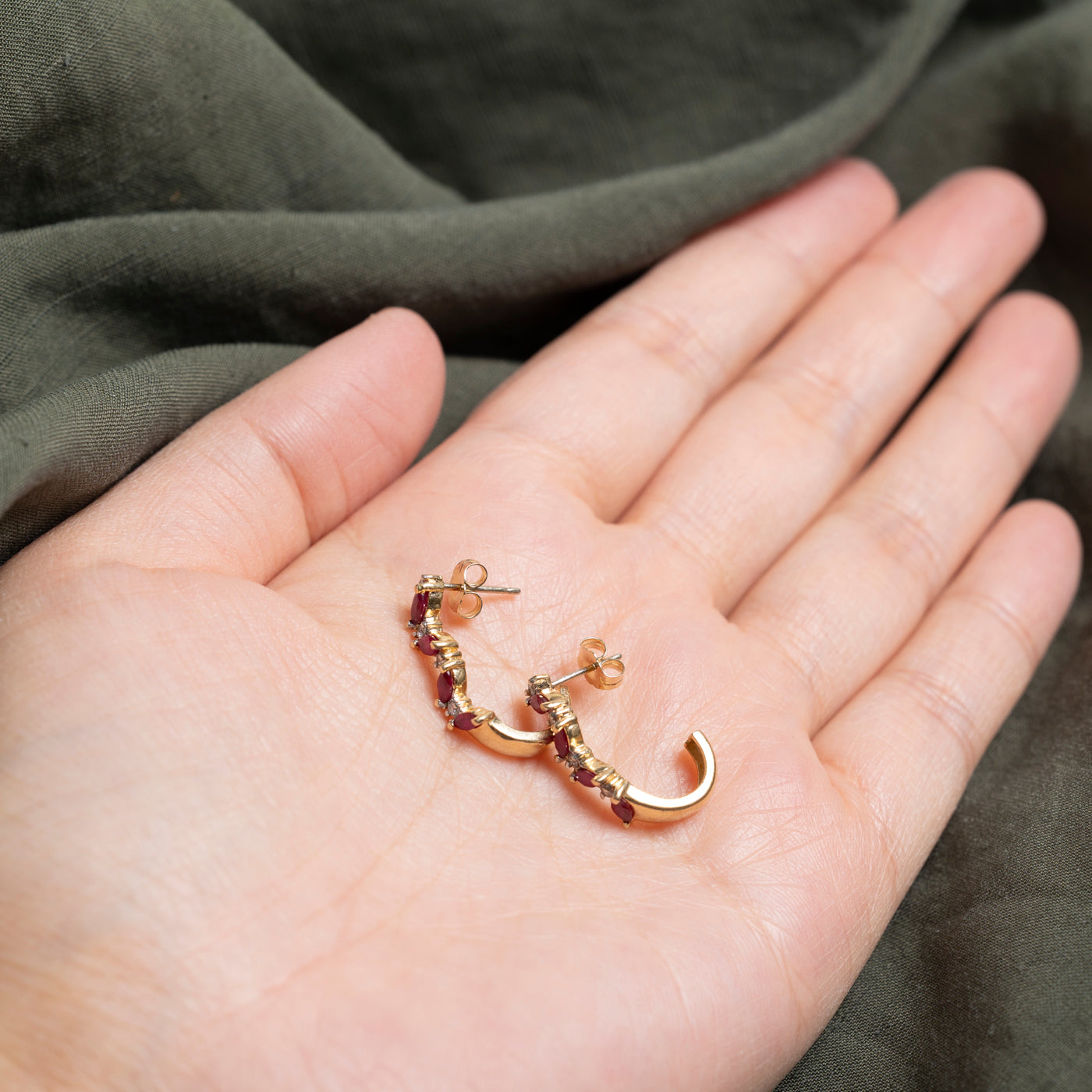 Marquise Cut Ruby & Diamond Half Hoop Earrings | 0.03ctw, 0.08ctw