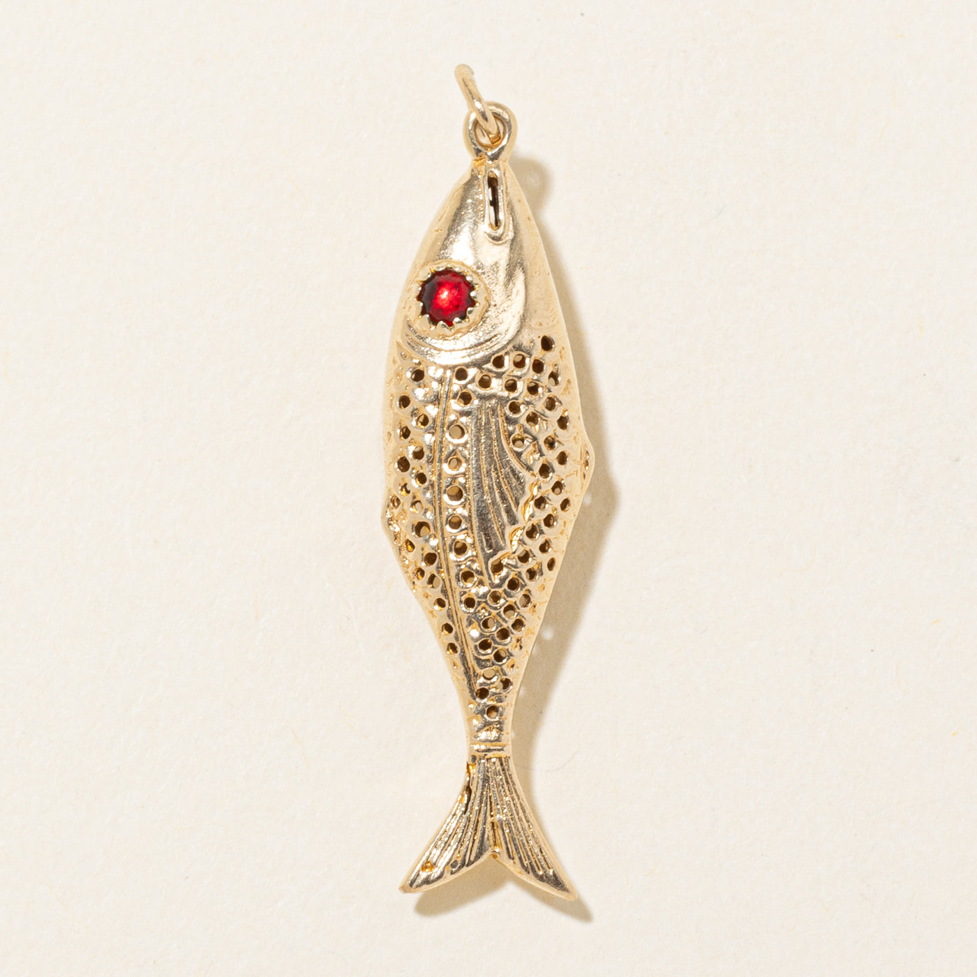 14k Red Glass Textured Fish Pendant | 0.30ctw