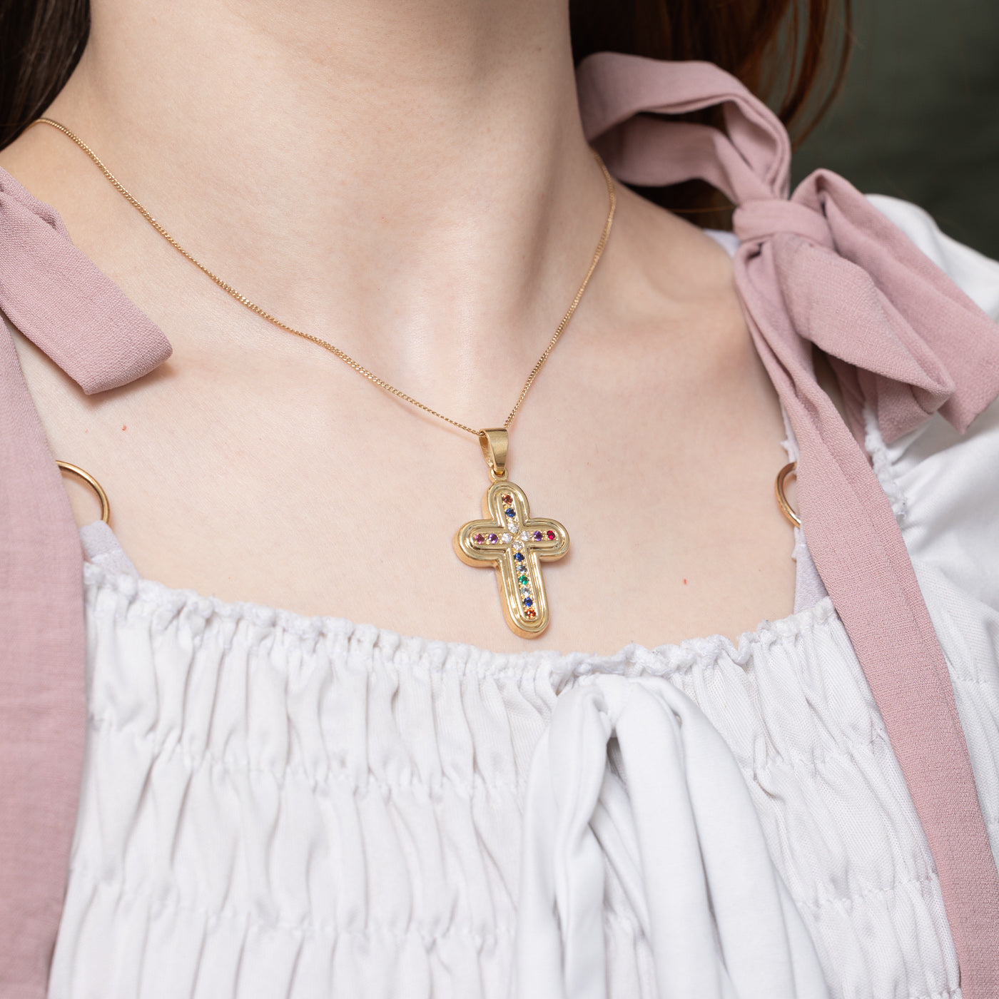 14k Multi Gemstone Grooved Cross Pendant | 0.36ctw, 0.16ctw