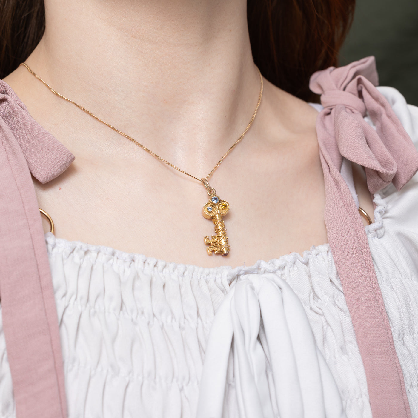 10k Multi Gemstone Textured Key Pendant | 0.60ctw