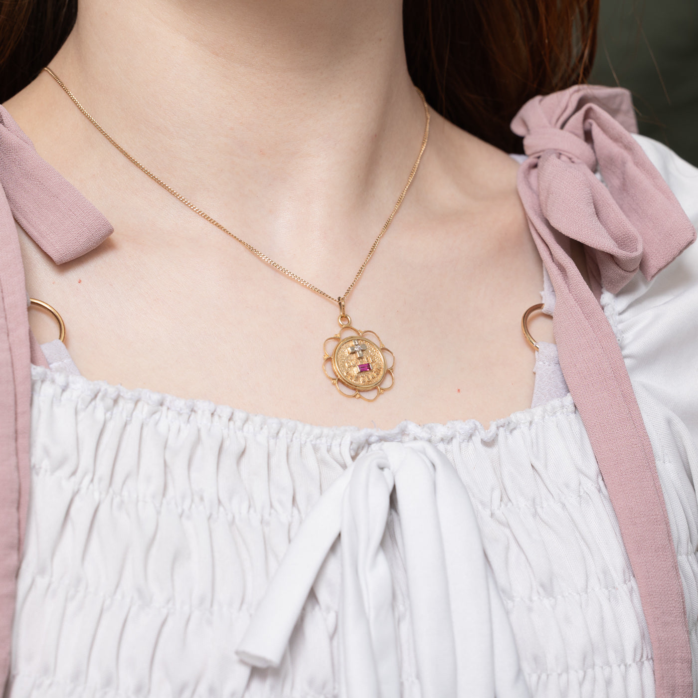 14k Synthetic Ruby & Natural Diamond French Augis Love Pendant | 0.10ct, 0.04ct