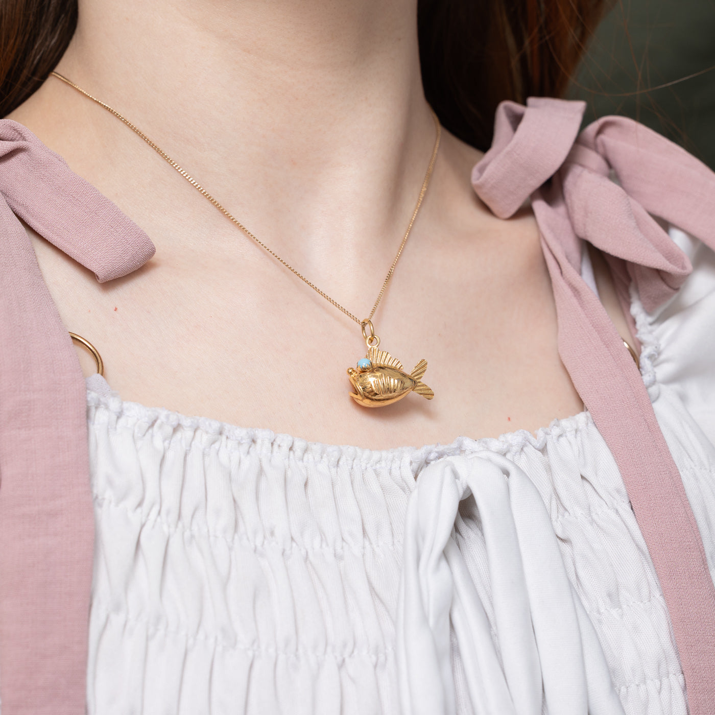 18k Cabochon Turquoise Textured Puffer Fish Charm | 0.50ctw