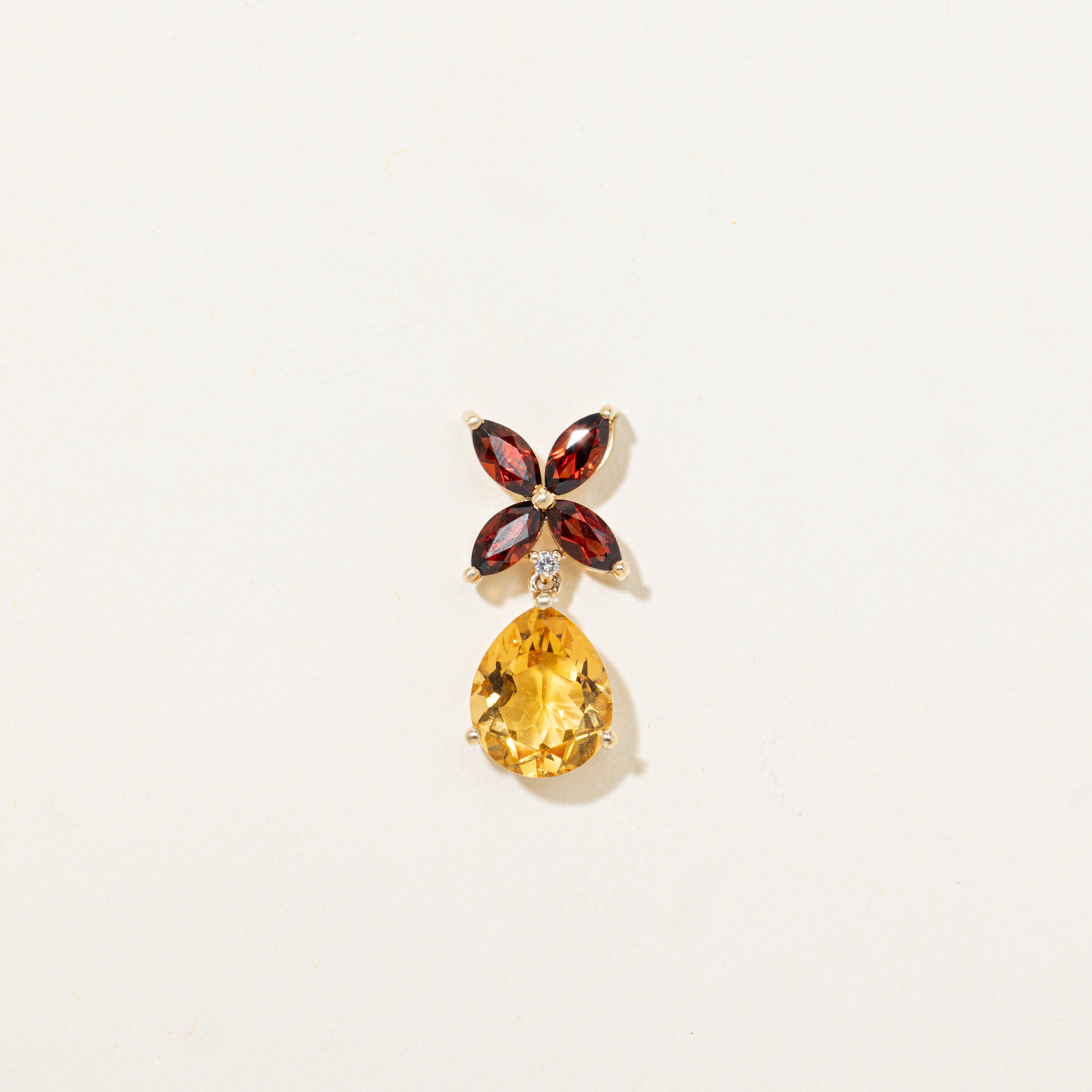 Garnet & Pear Cut Citrine Floral Drop Pendant | 3.60ct, 1.60ctw