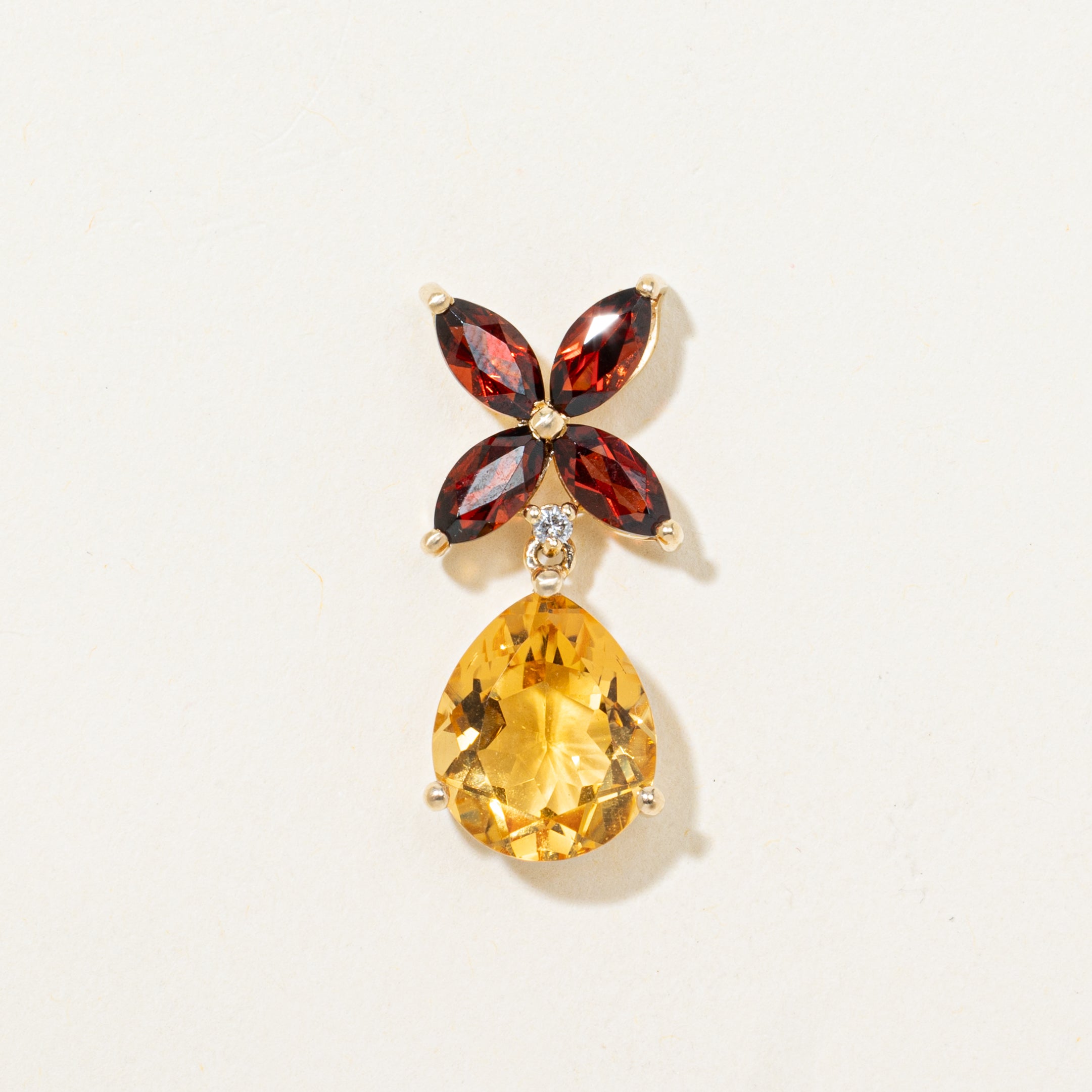 Garnet & Pear Cut Citrine Floral Drop Pendant | 3.60ct, 1.60ctw