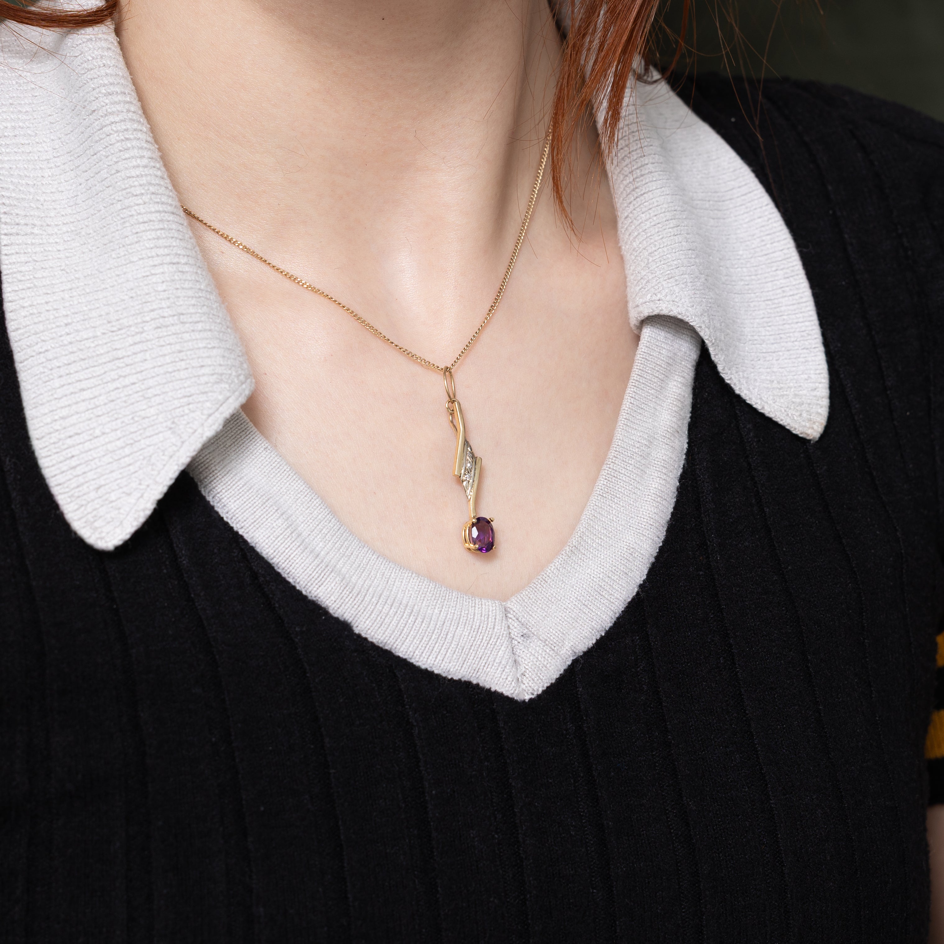 Oval Cut Amethyst & Diamond Drop Pendant | 1.06ct, 0.02ctw